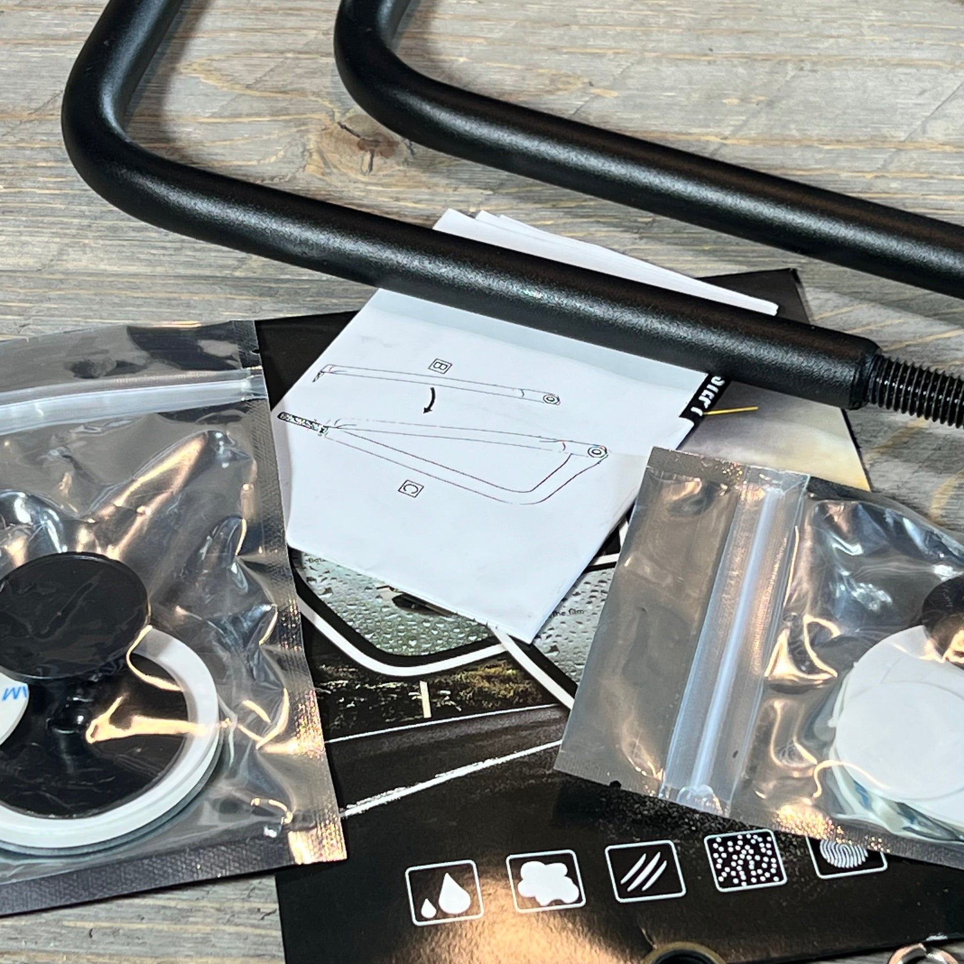 Close-up of installation components for Anti-Shake Door Off Mirrors compatible with Jeep Wrangler JK JL Unlimited.