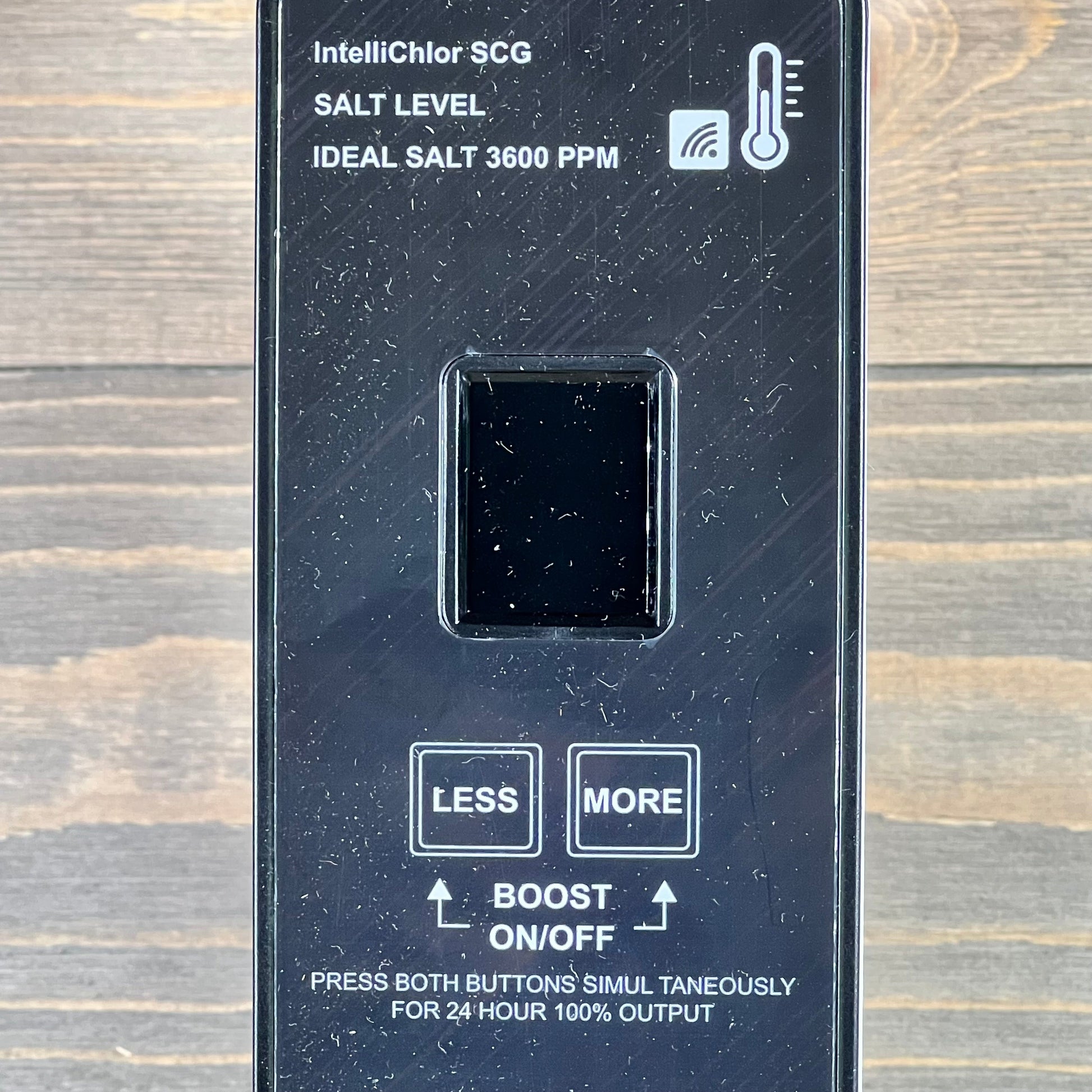 Close-up view of Autoverve IC15 Pool Salt Cell control panel with salt level and boost options.