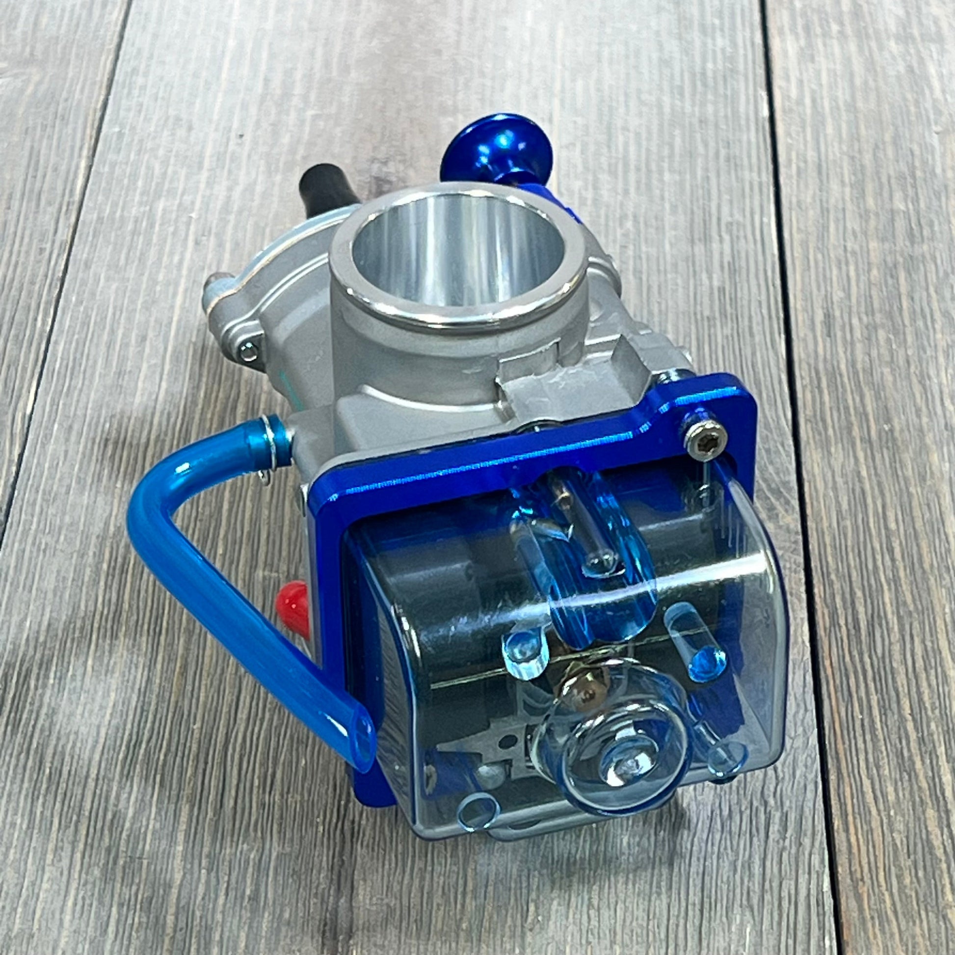 Universal Motorcycle Racing Carburetor PWK 32MM with blue float bowl and intake manifold for 2T 4T engines.