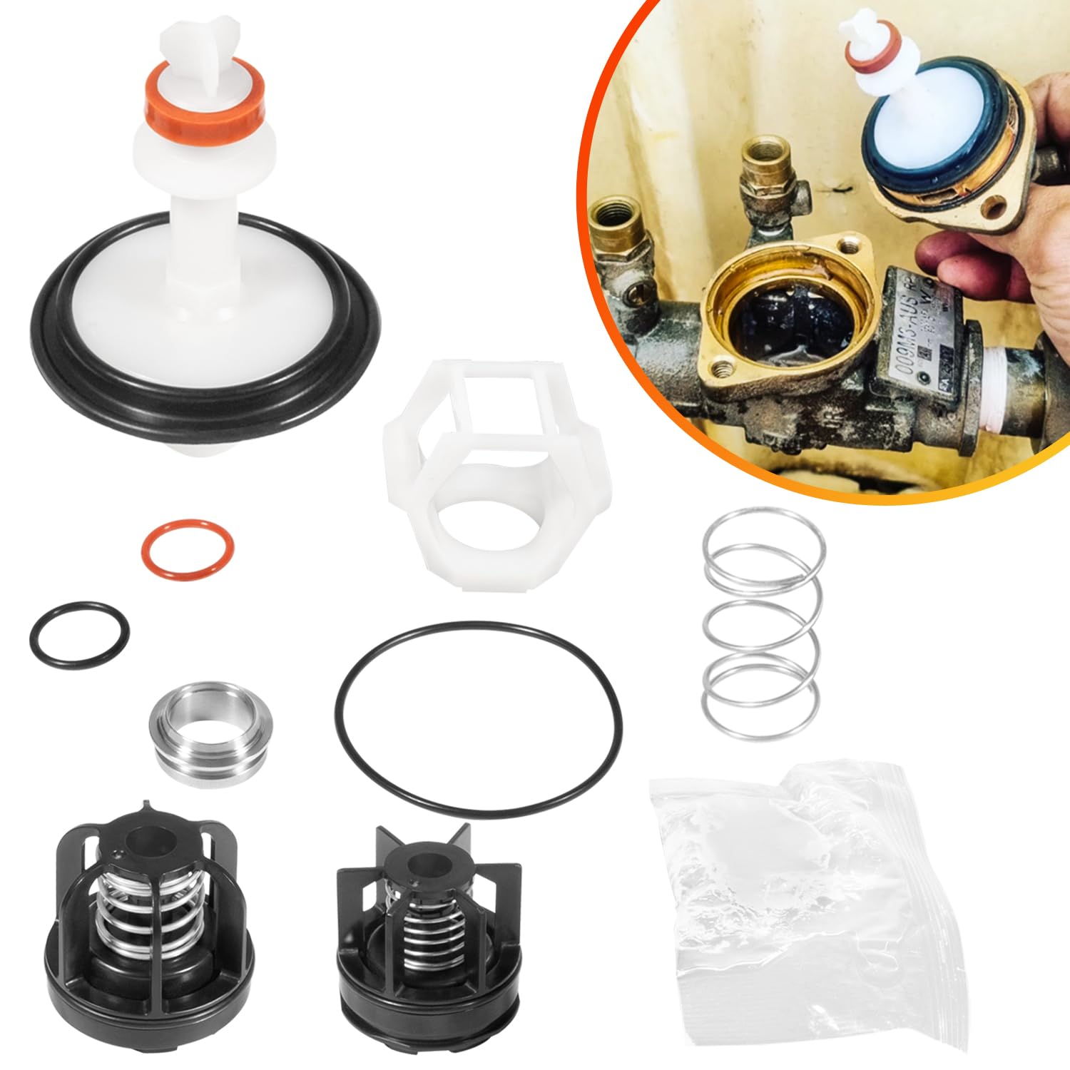 Total Repair Kit for Reduced Pressure Zone Assembly with relief valve and check valve components displayed.