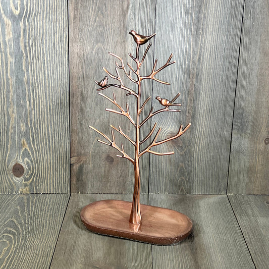 Retro Branch Jewelry Rack with wood tray, featuring bird accents, ideal for organizing rings and necklaces.