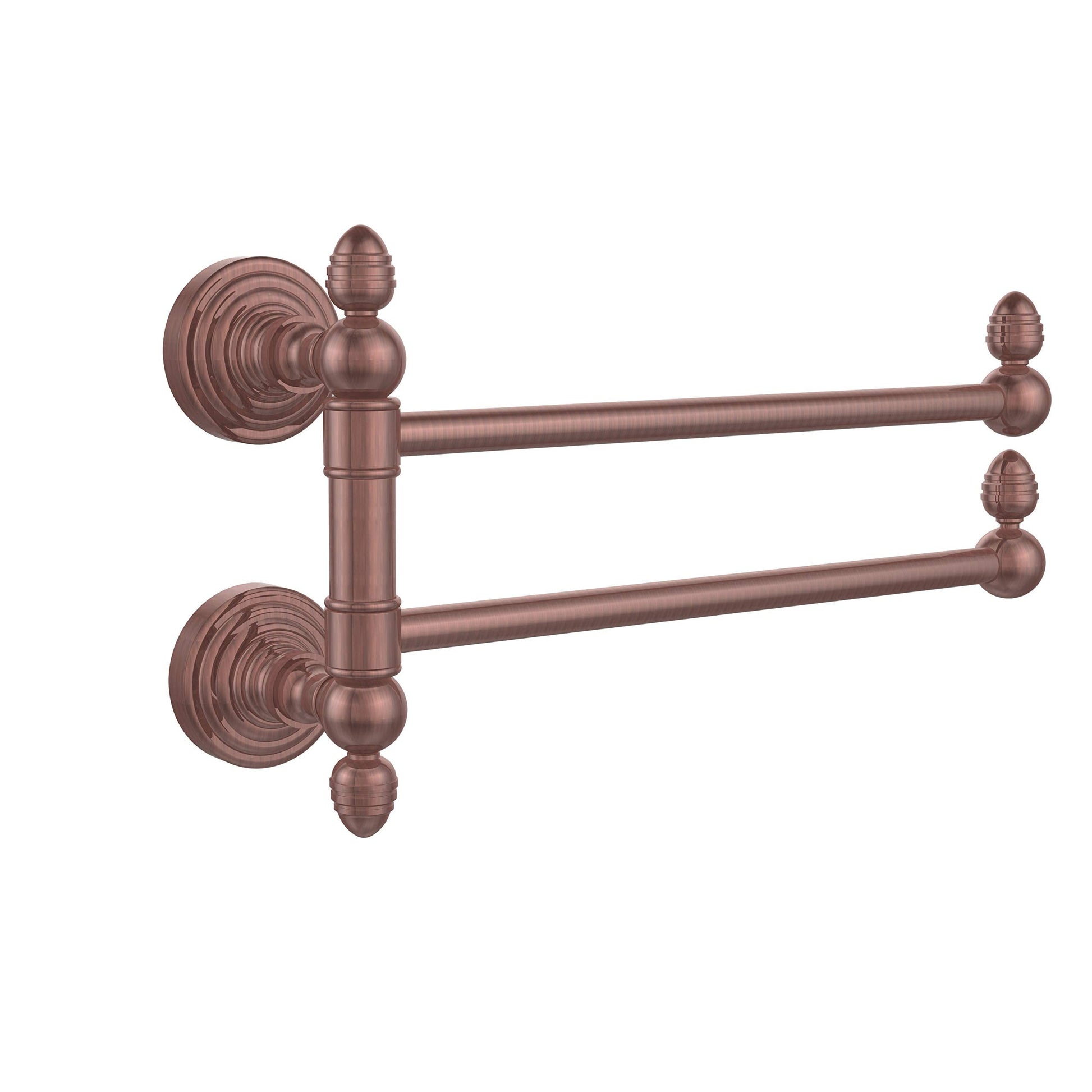 Antique copper swing arm towel rail from Allied Brass Waverly Place Collection, featuring dual bars for elegant bathroom decor.