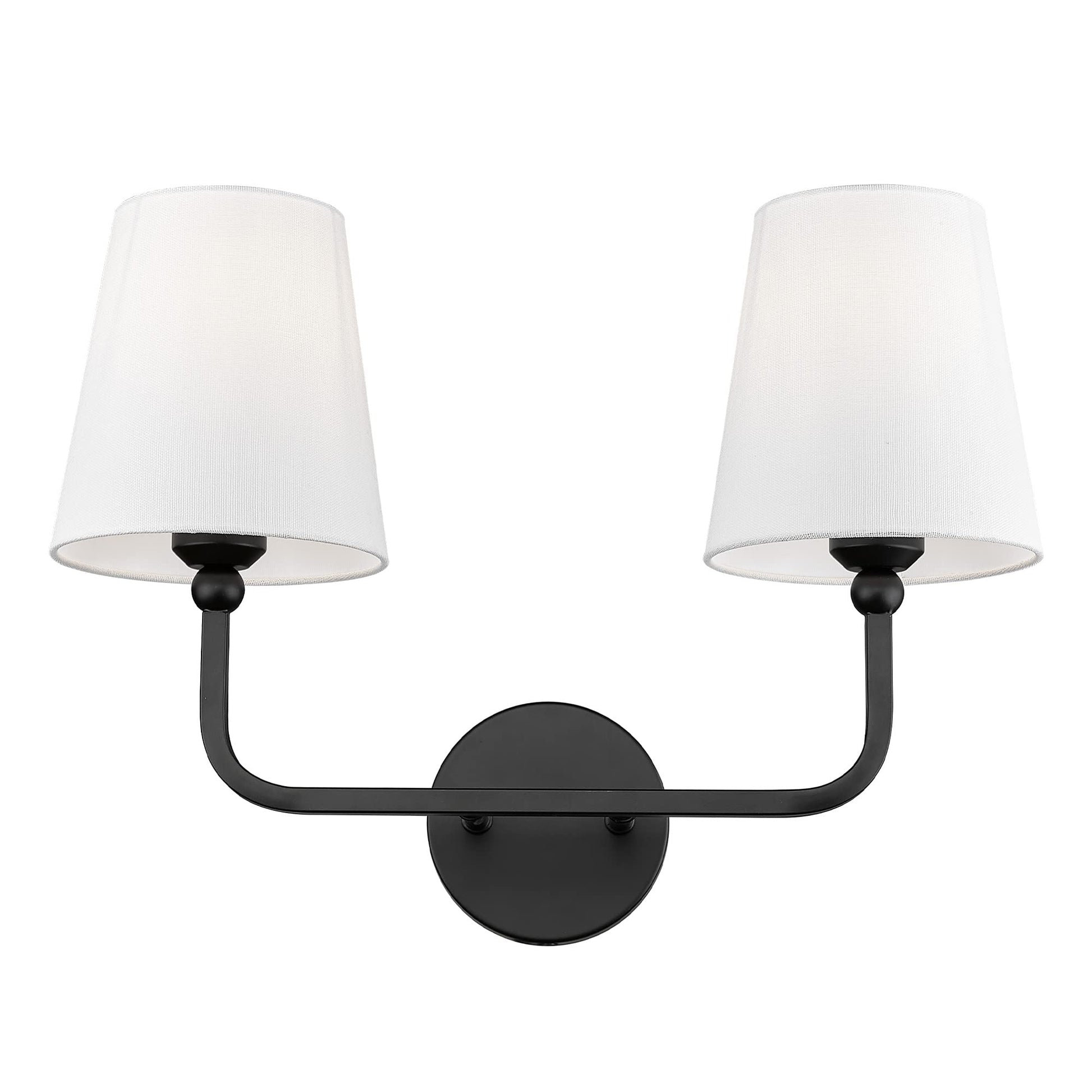 Modern matte black 2-light bathroom vanity fixture with flared white fabric shades, ideal for contemporary decor.