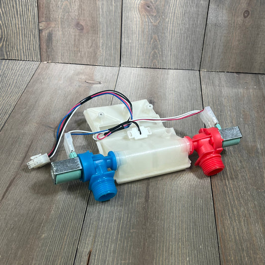 Upgraded W10869800 washer water inlet valve with blue and red connectors, compatible with Whirlpool and Maytag washers.