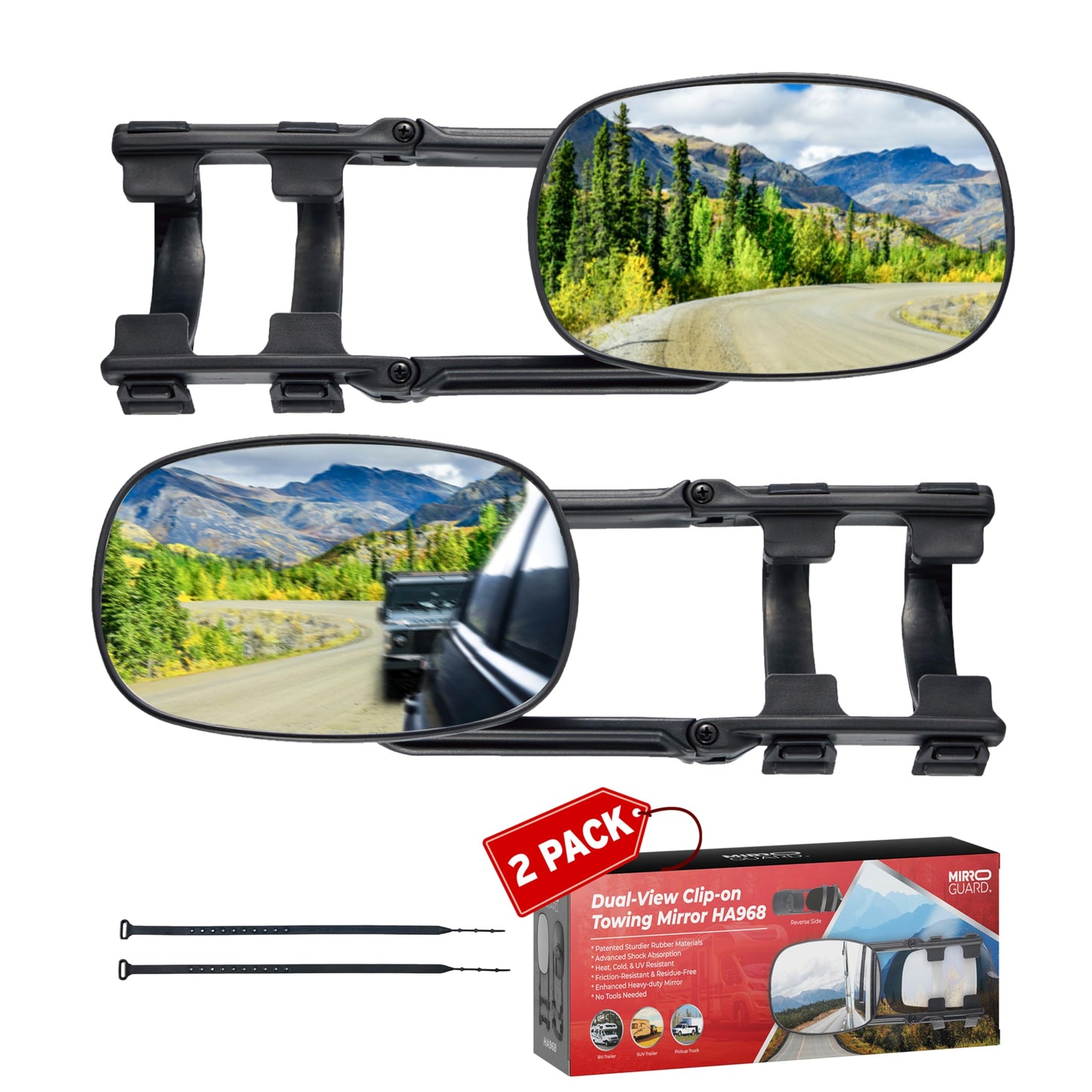 Universal clip-on towing mirror extensions with adjustable extenders for pickups, RVs, and trailers, model HA968.