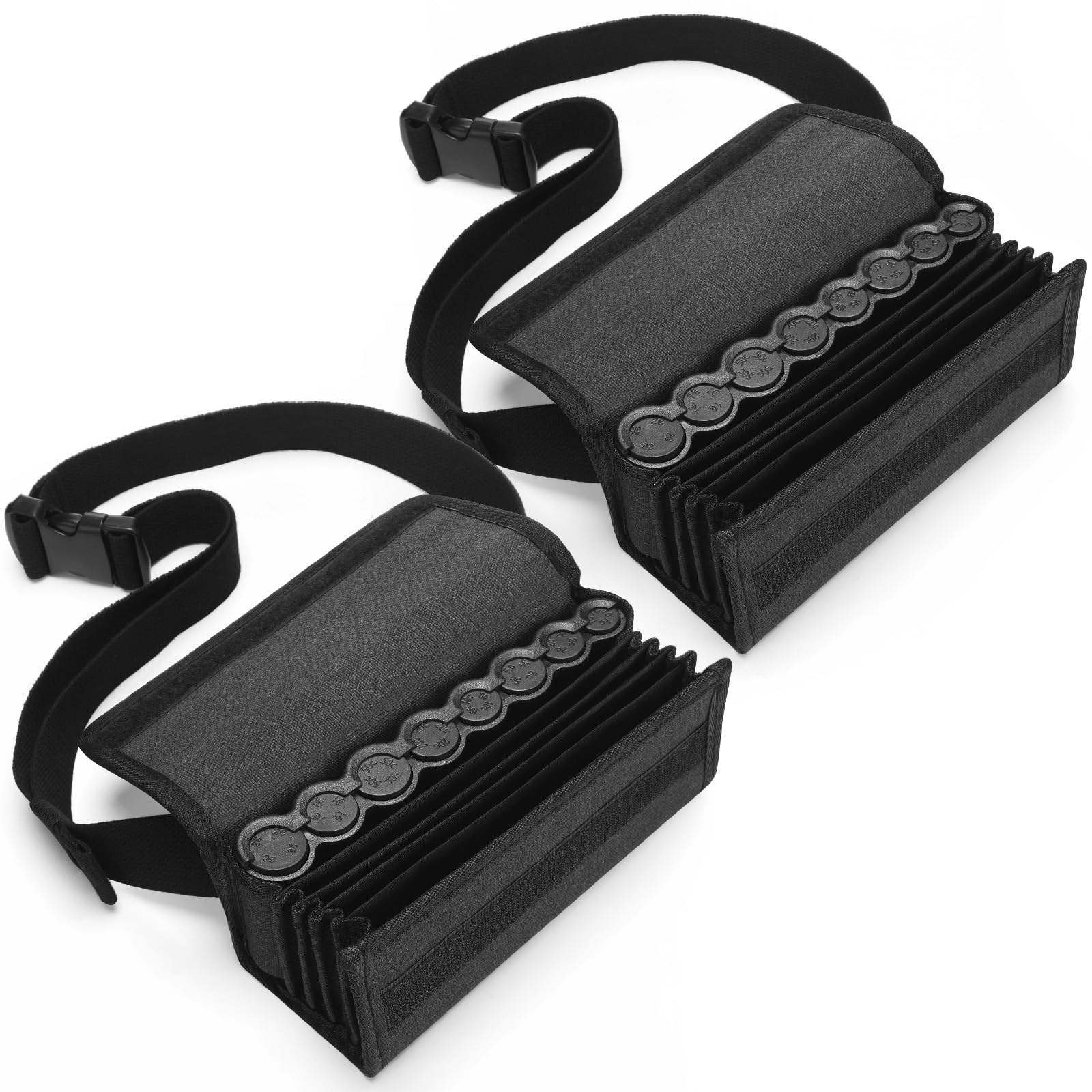 Dual black fanny packs with euro coin holders and banknote dispensers for servers and cashiers.