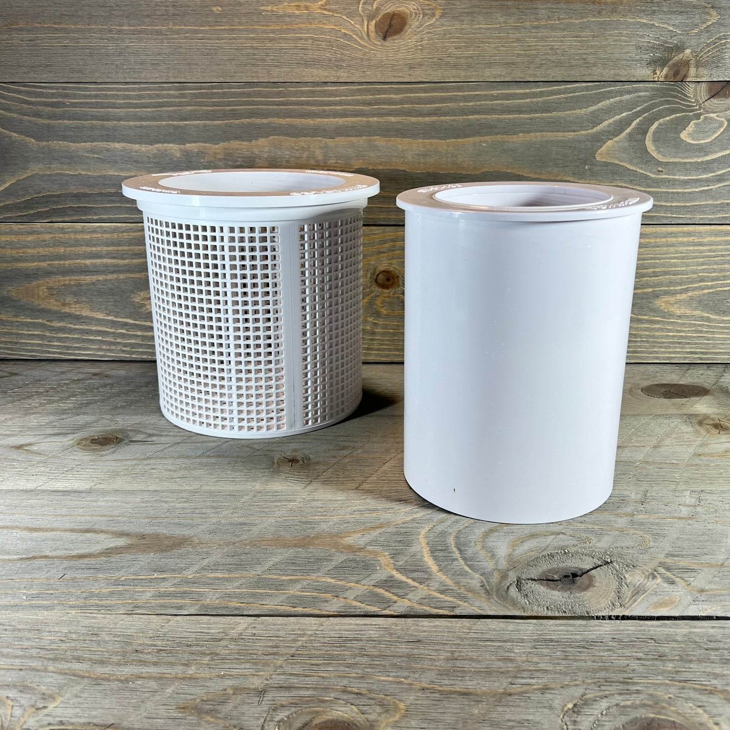 Dual view of 2024 HD replacement pool skimmer basket for Pentair, showcasing mesh design and solid cylinder component.