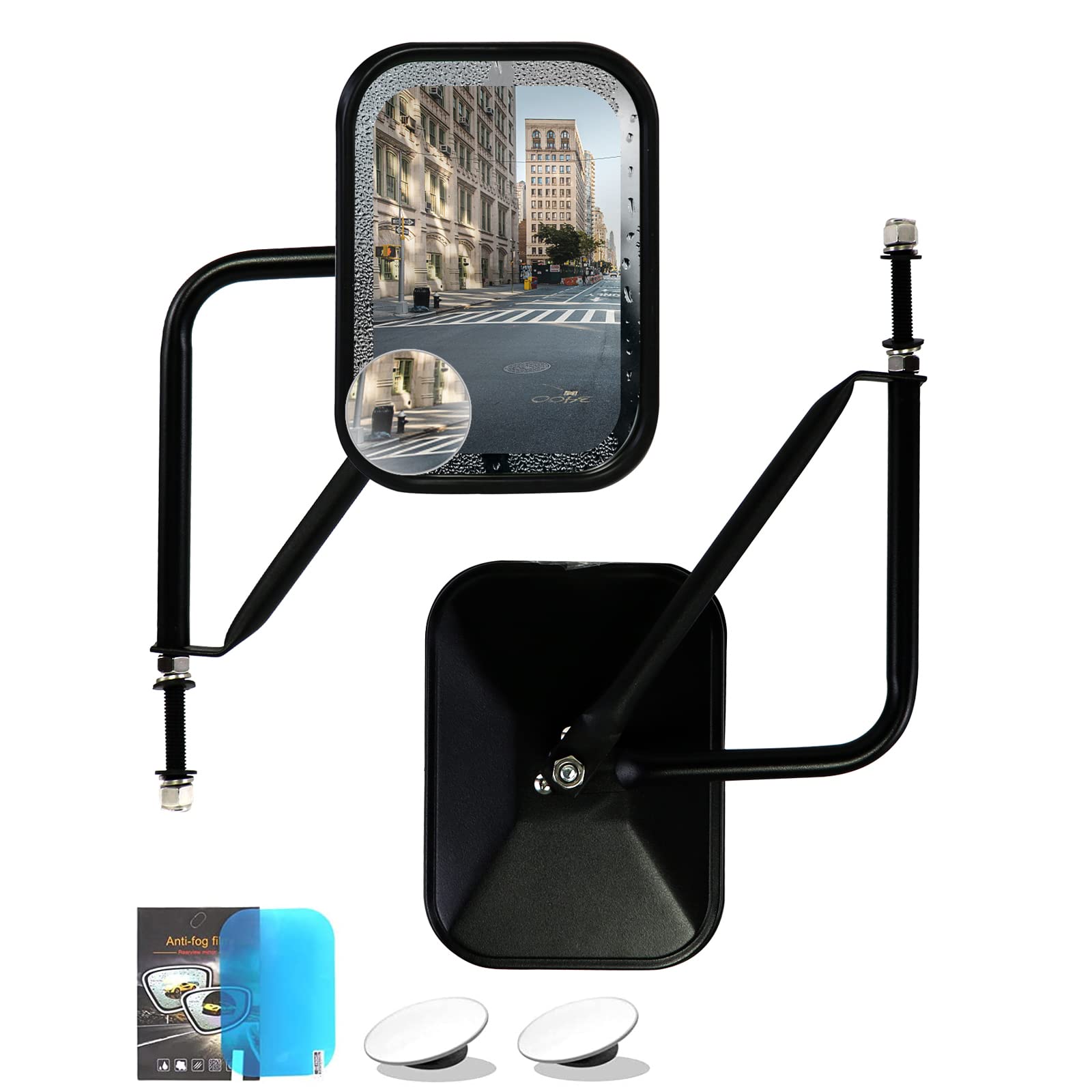 Durable anti-shake door off mirrors for Jeep Wrangler JK JL showcasing urban reflection.
