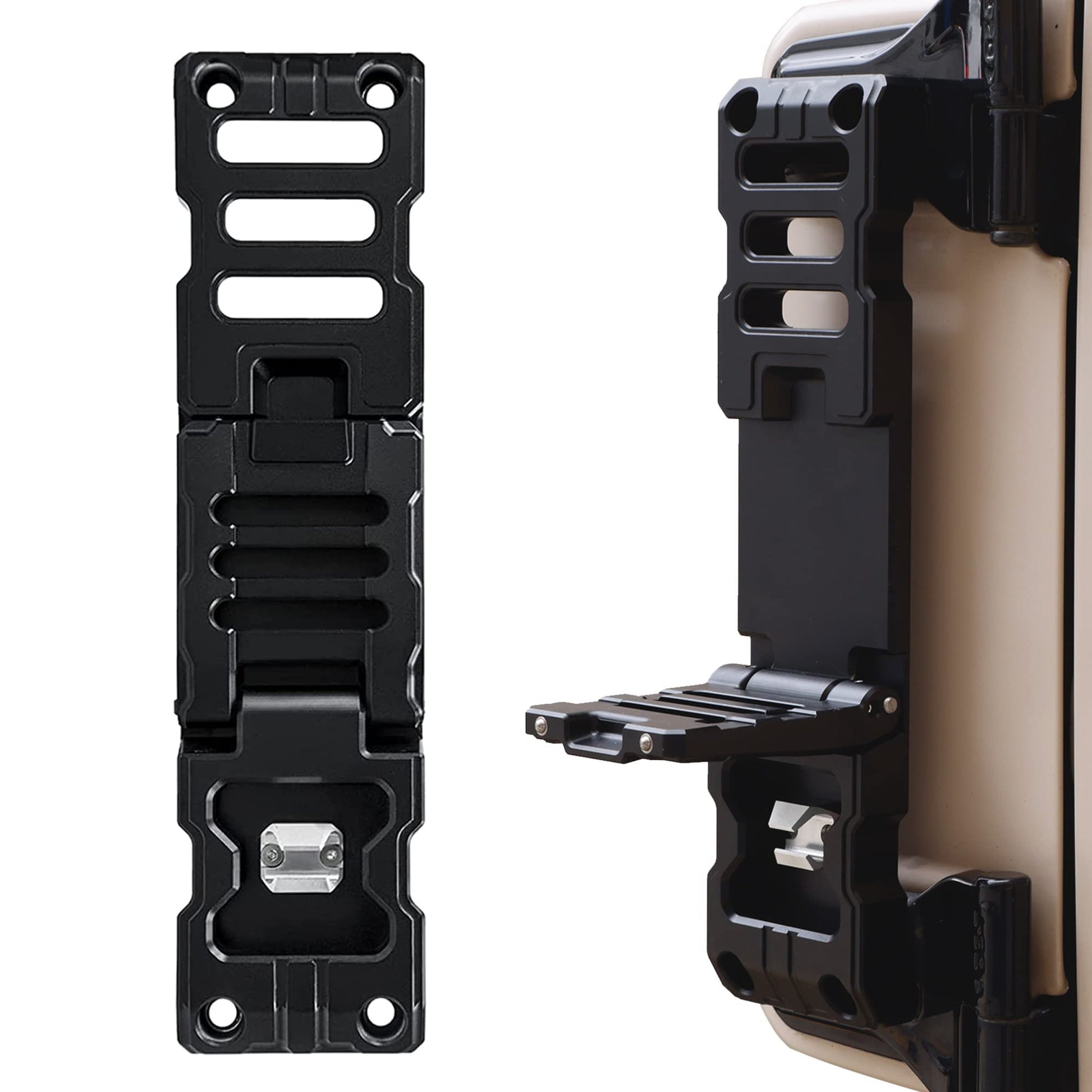 Durable black aluminum alloy door hinge step for Jeep Wrangler & Gladiator, shown folded and mounted on door.