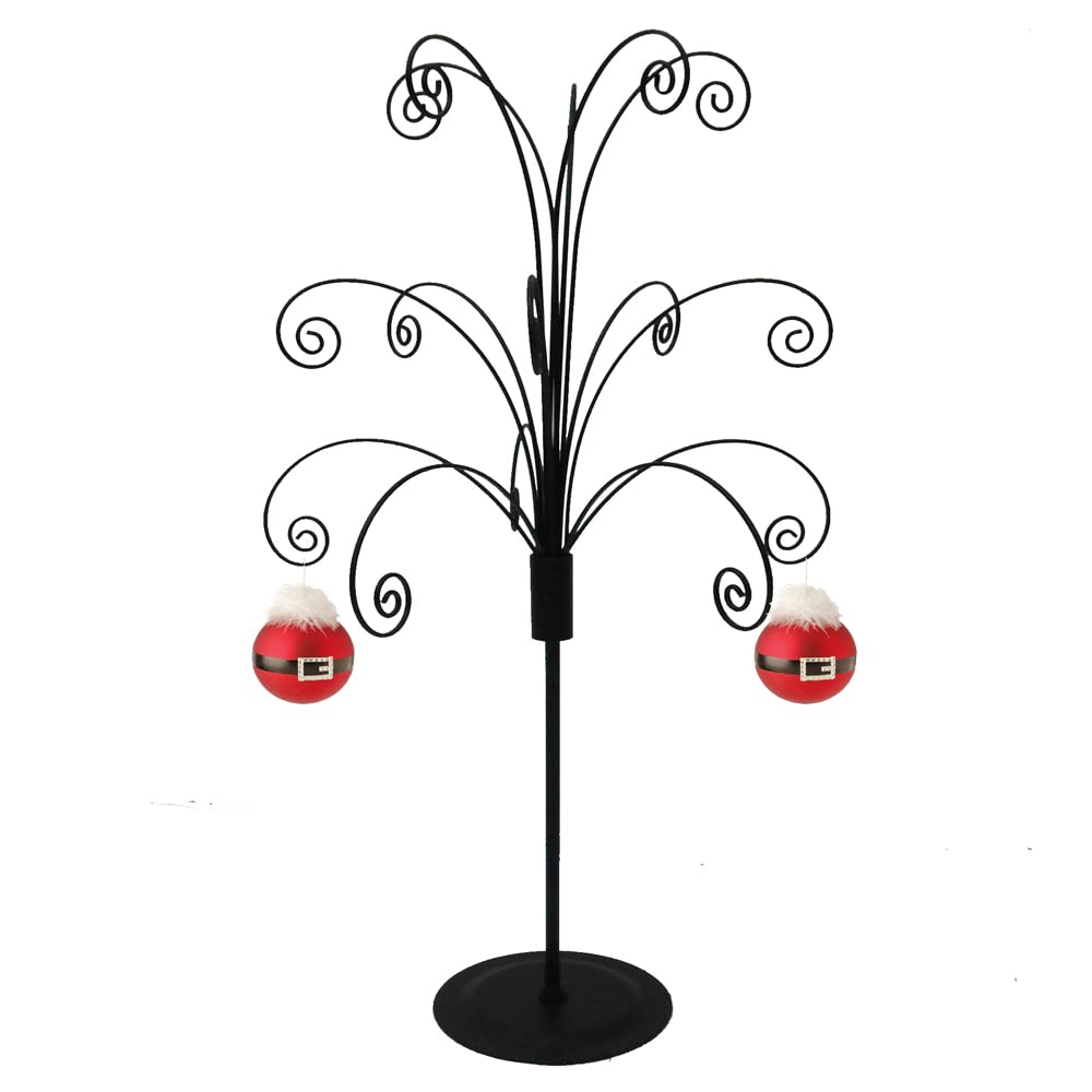 Black metal ornament tree display stand with decorative wire hooks, featuring red Santa-themed Christmas baubles.