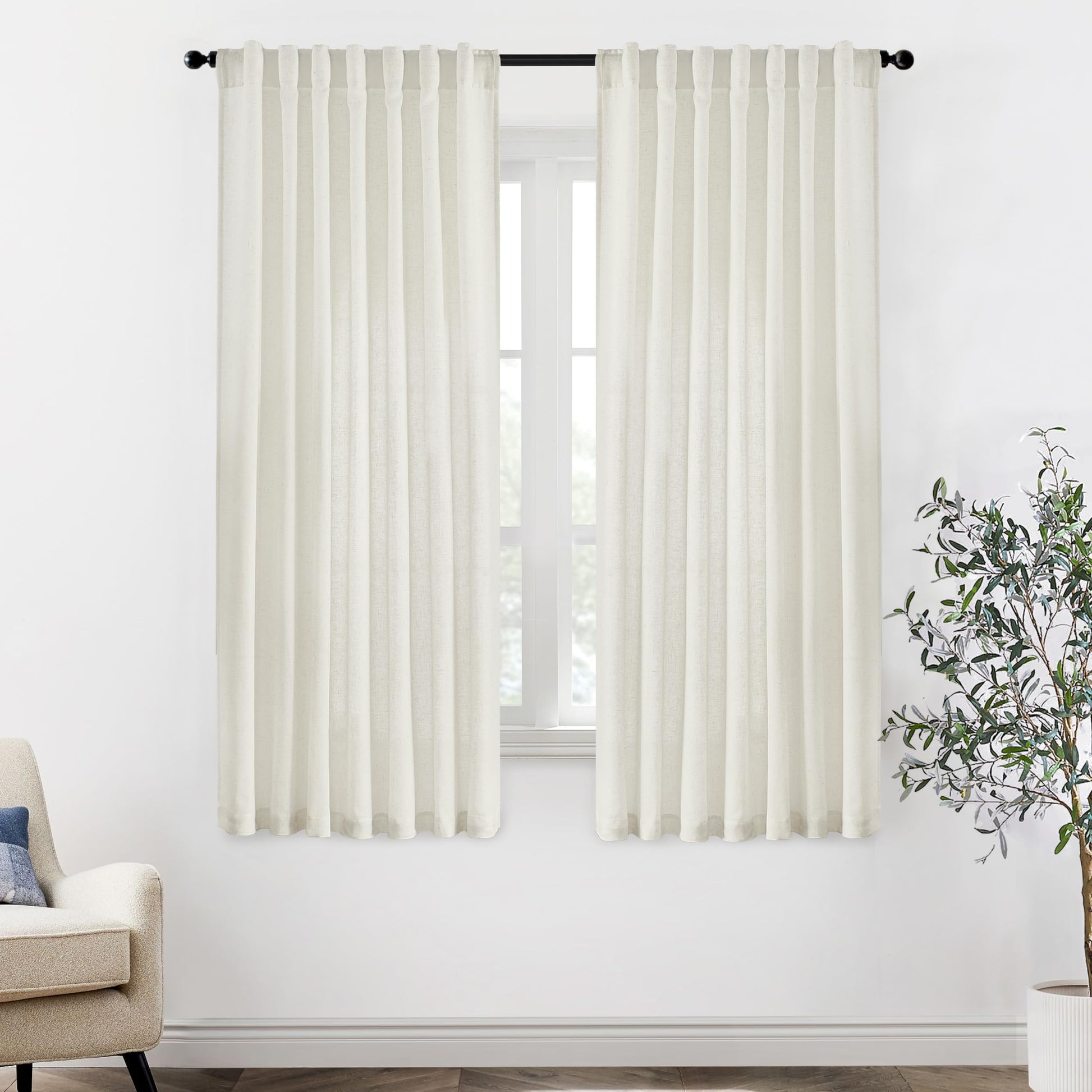 Cream beige linen sheer curtains, 63-inch length, hang elegantly on a window, ideal for light filtering in living rooms.