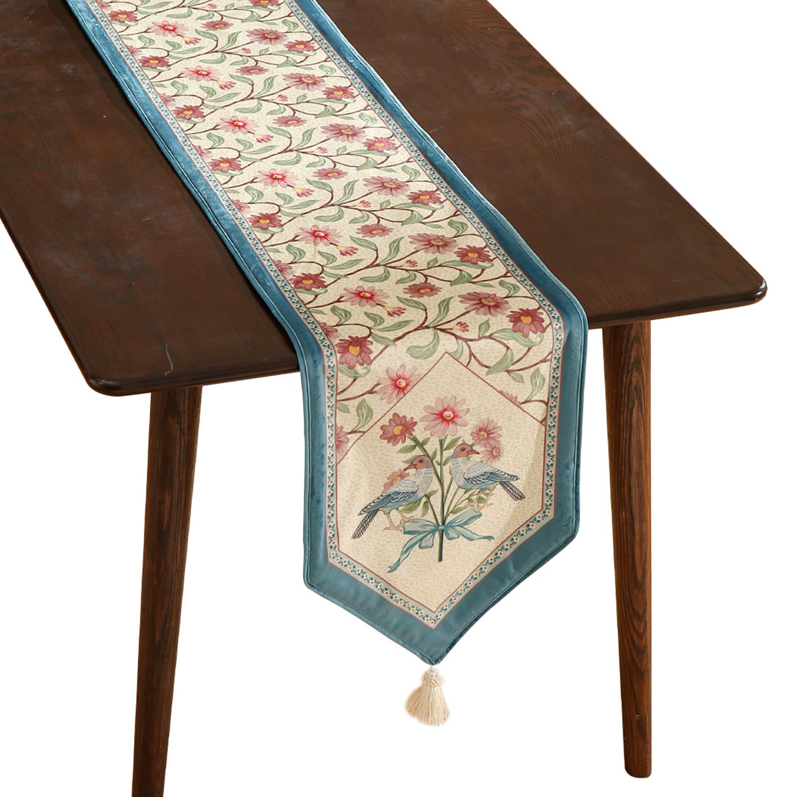 Elegant beige pink floral velvet table runner, 102 inches long, perfect for dining decor and Thanksgiving celebrations.