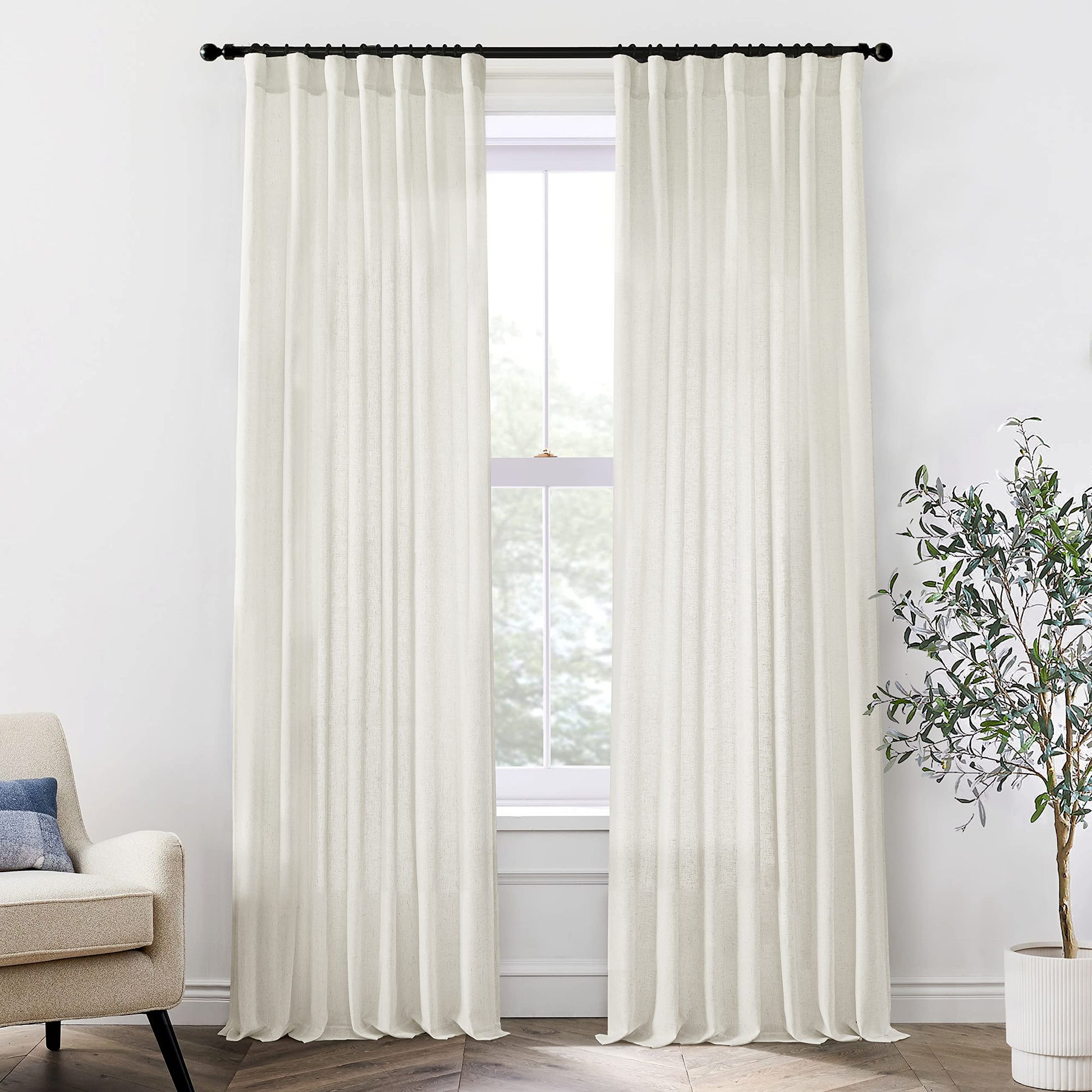 Cream ivory linen drapes, 94-inch length, sheer back tab curtains, perfect for living room or bedroom elegance.