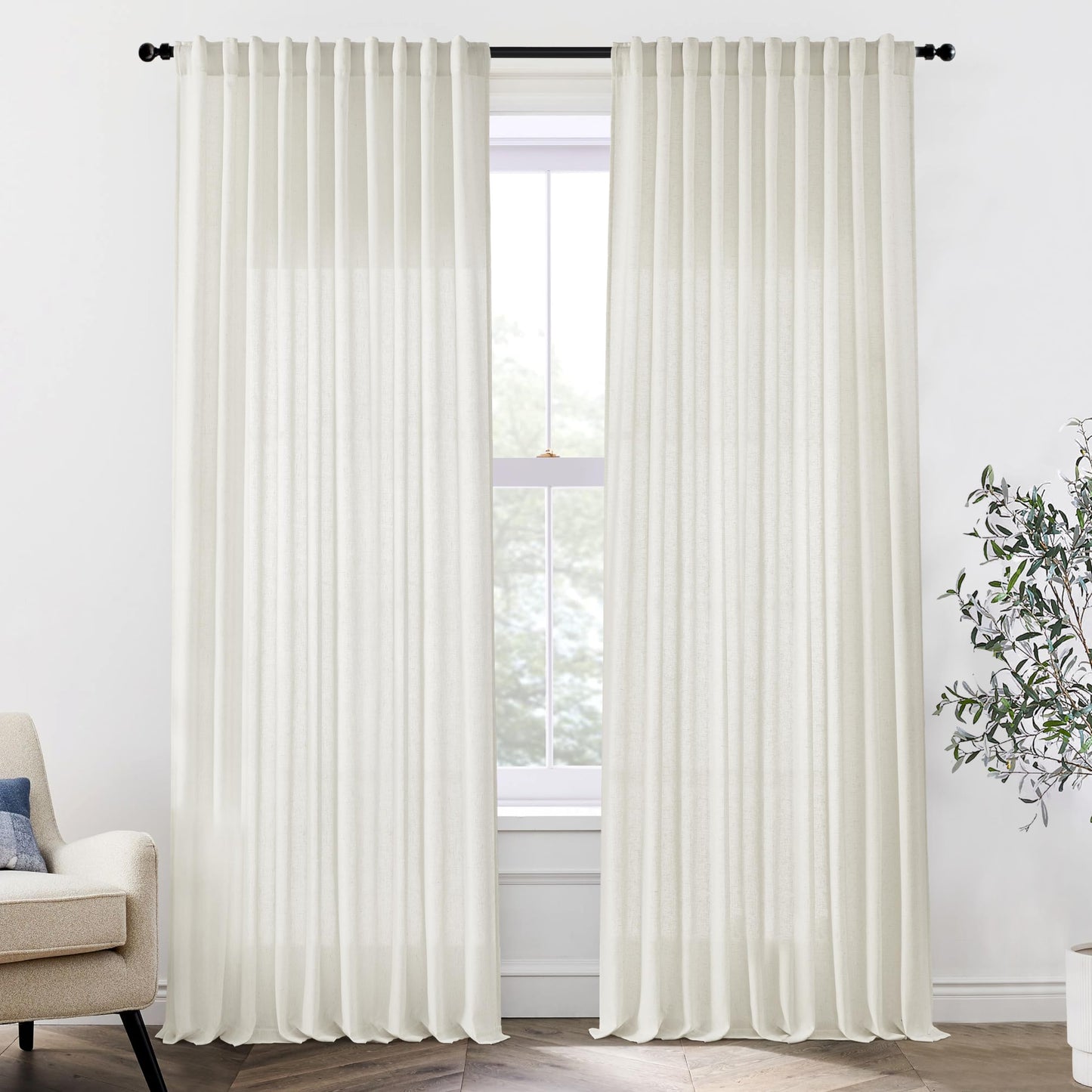 Cream extra wide linen curtains, pleated back tab, semi sheer, 70 inches wide, perfect for living room sliding glass doors.