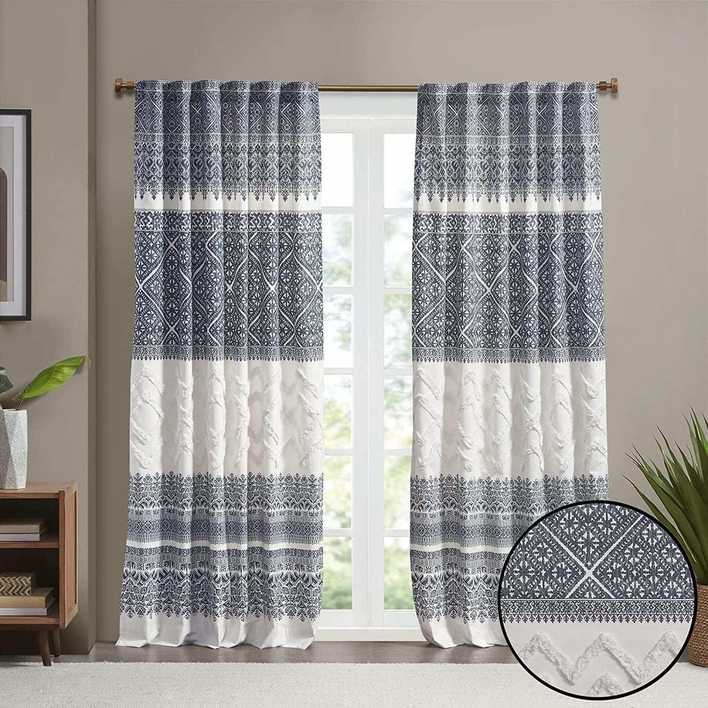 Boho navy and white cotton curtain with tufted chenille design, perfect for privacy in bedrooms and living rooms.
