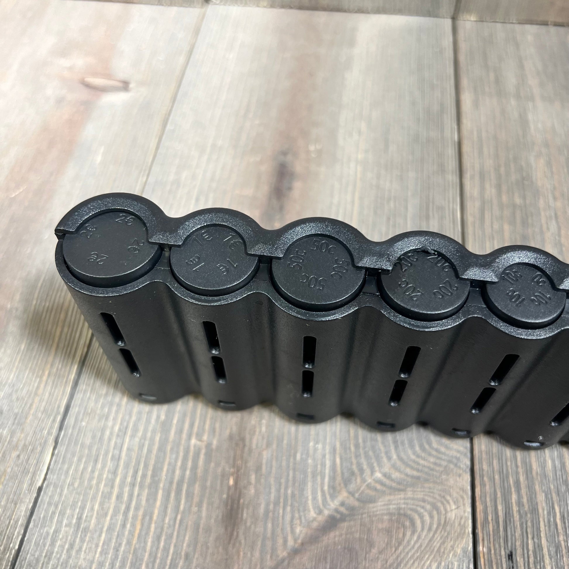 Euro coin holder with labeled slots for various denominations, ideal for waiters and cashiers, black finish.