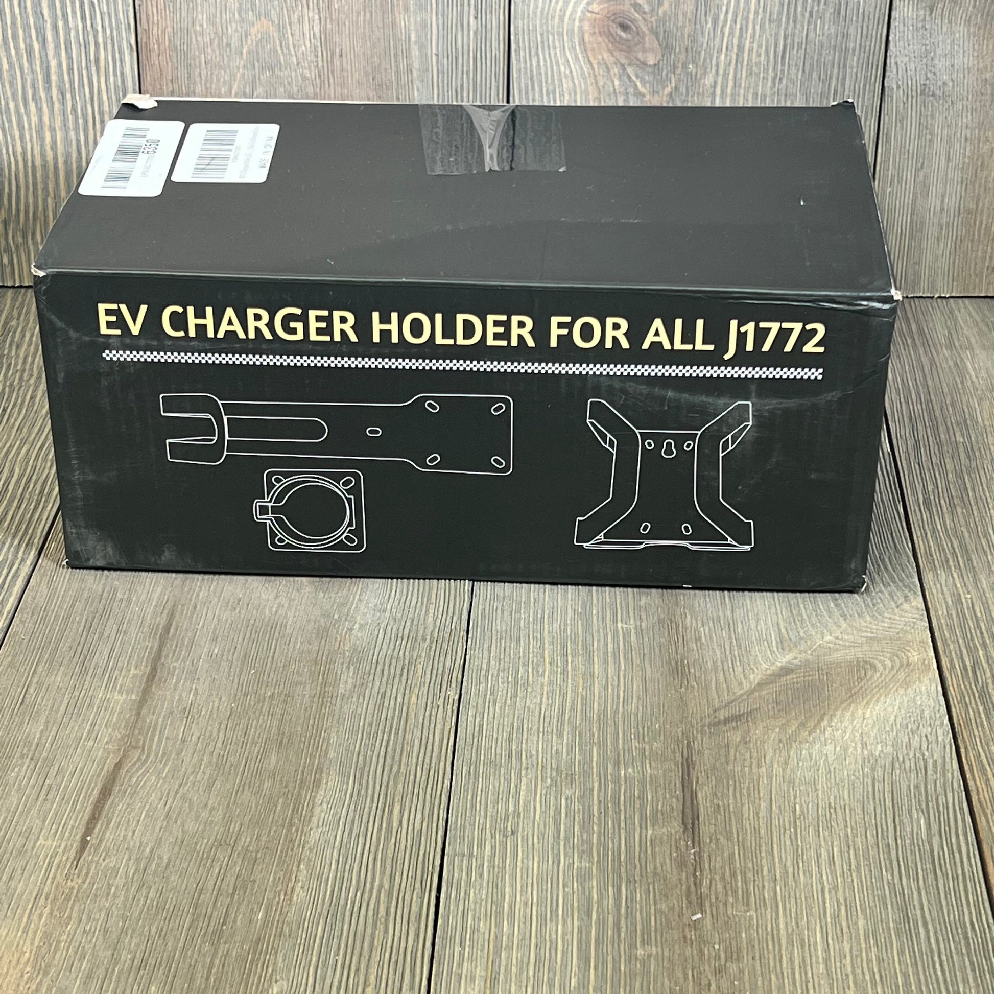 Black box displaying BMZX EV Charger Holder J1772, featuring wall mount kit illustrations for electric car chargers.