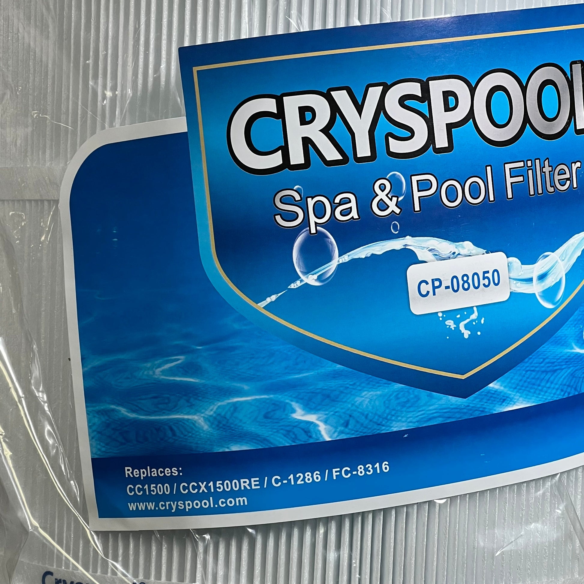 Cryspool® 08050 Pool Filter Cartridge packaging, showcasing compatibility and model details for spa and pool use.