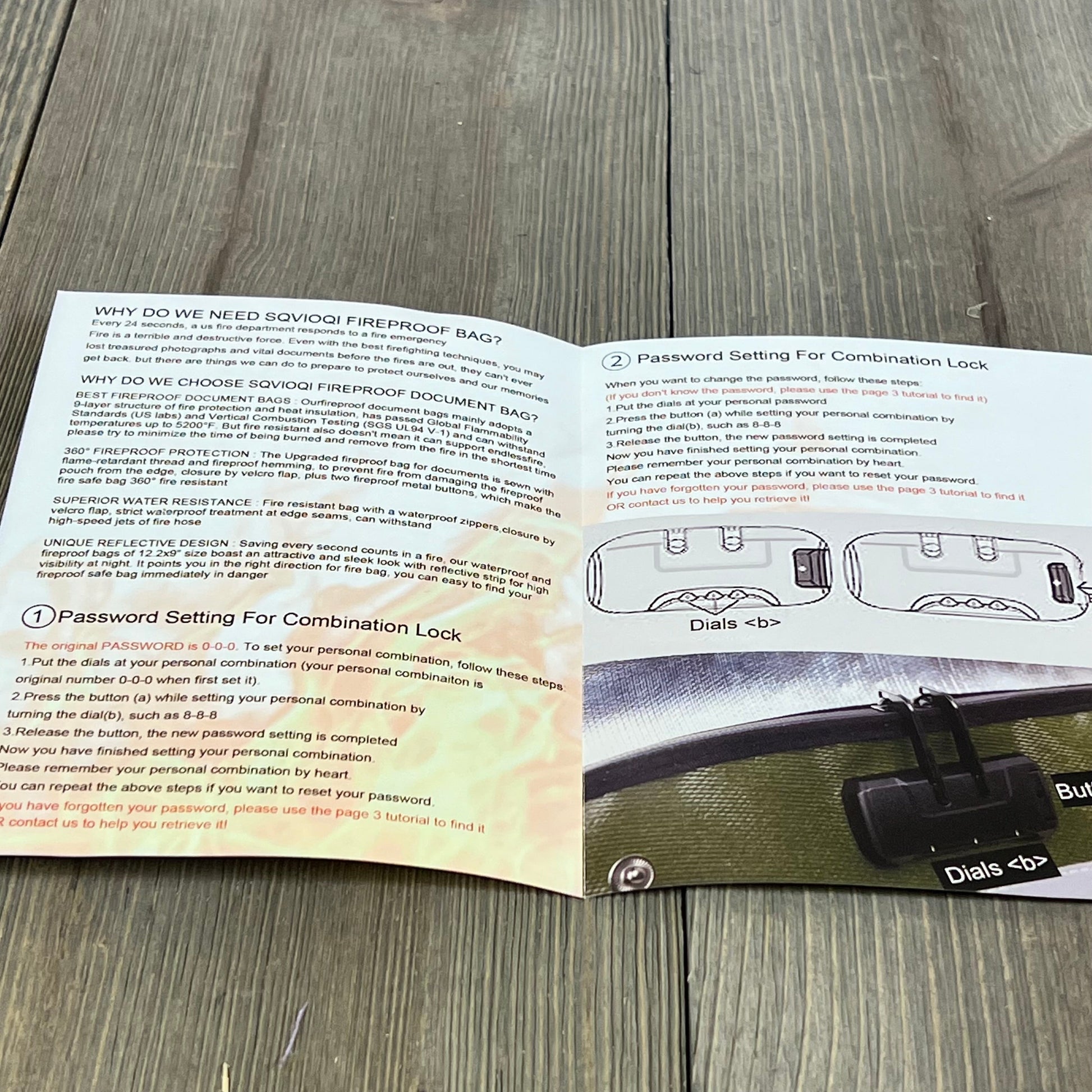 Instruction manual for 6200F Fireproof Document Money Bag, detailing lock setup and fire safety features.