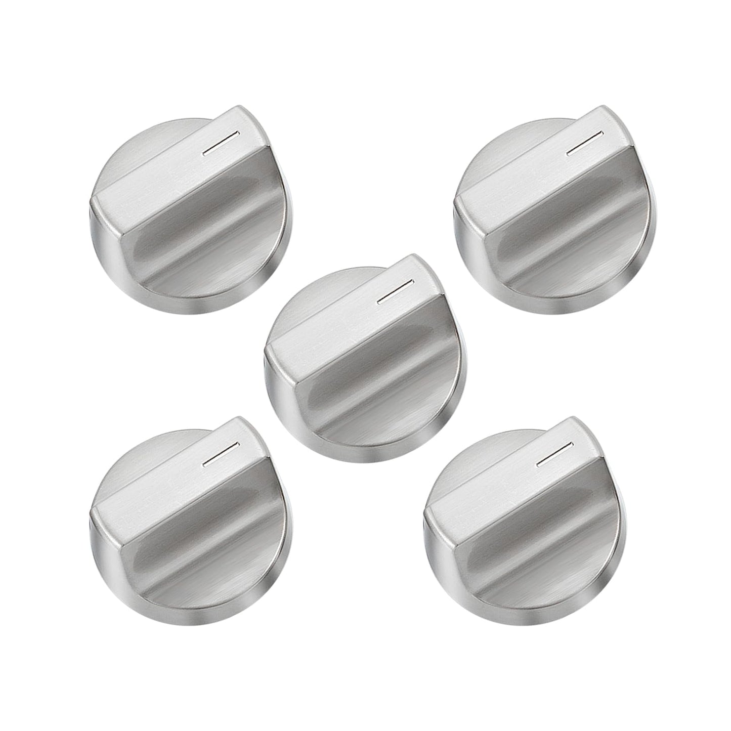 Five stainless steel replacement stove knobs for Whirlpool gas range, durable and sleek design.