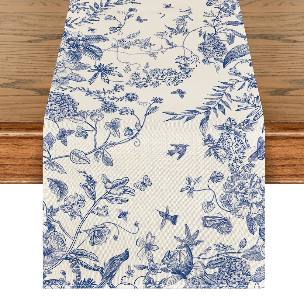 Monochrome sketch table runner with birds and flowers, perfect for summer dining decor, measuring 13x72 inches.