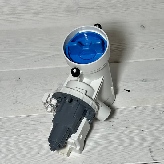 Front view of washer drain pump and filter compatible with G.E models, featuring durable construction and efficient design.