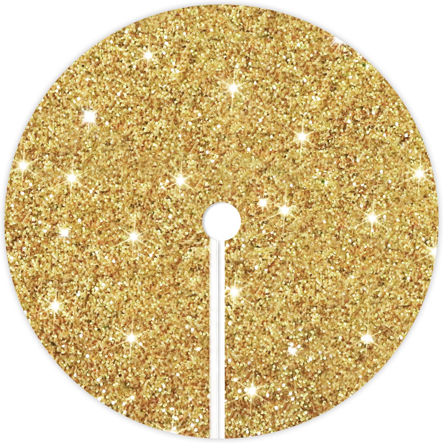 Golden sequin Christmas tree skirt, 46 inches, perfect for pencil trees. Velvet texture adds elegance to holiday decor.