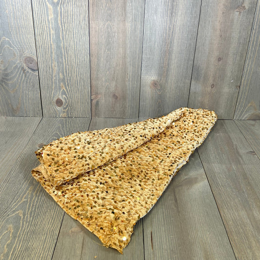 Gold sequin velvet Christmas tree skirt for pencil trees, perfect for festive holiday decor and tree base covering.