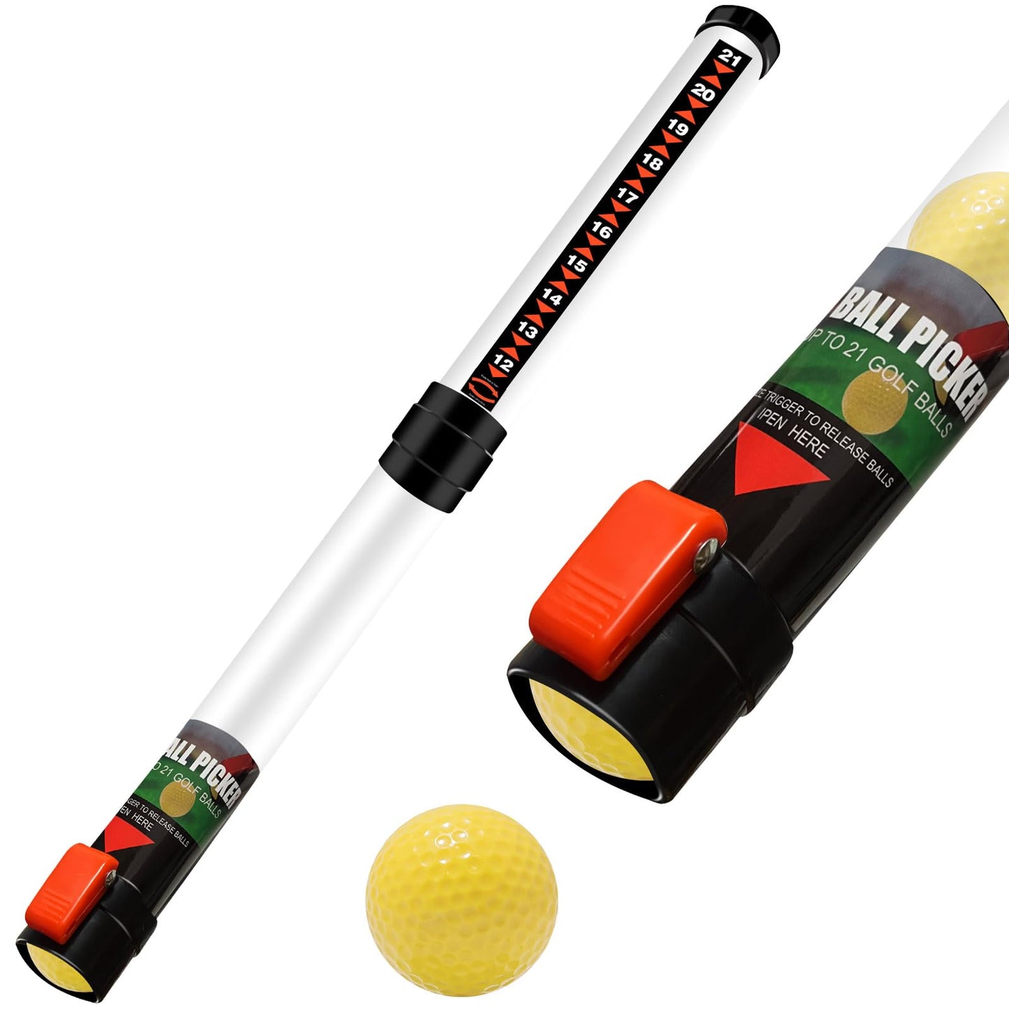 Golf ball retriever tool with a 36-inch plastic tube, featuring a capacity to hold 21 balls, shown with a yellow golf ball.
