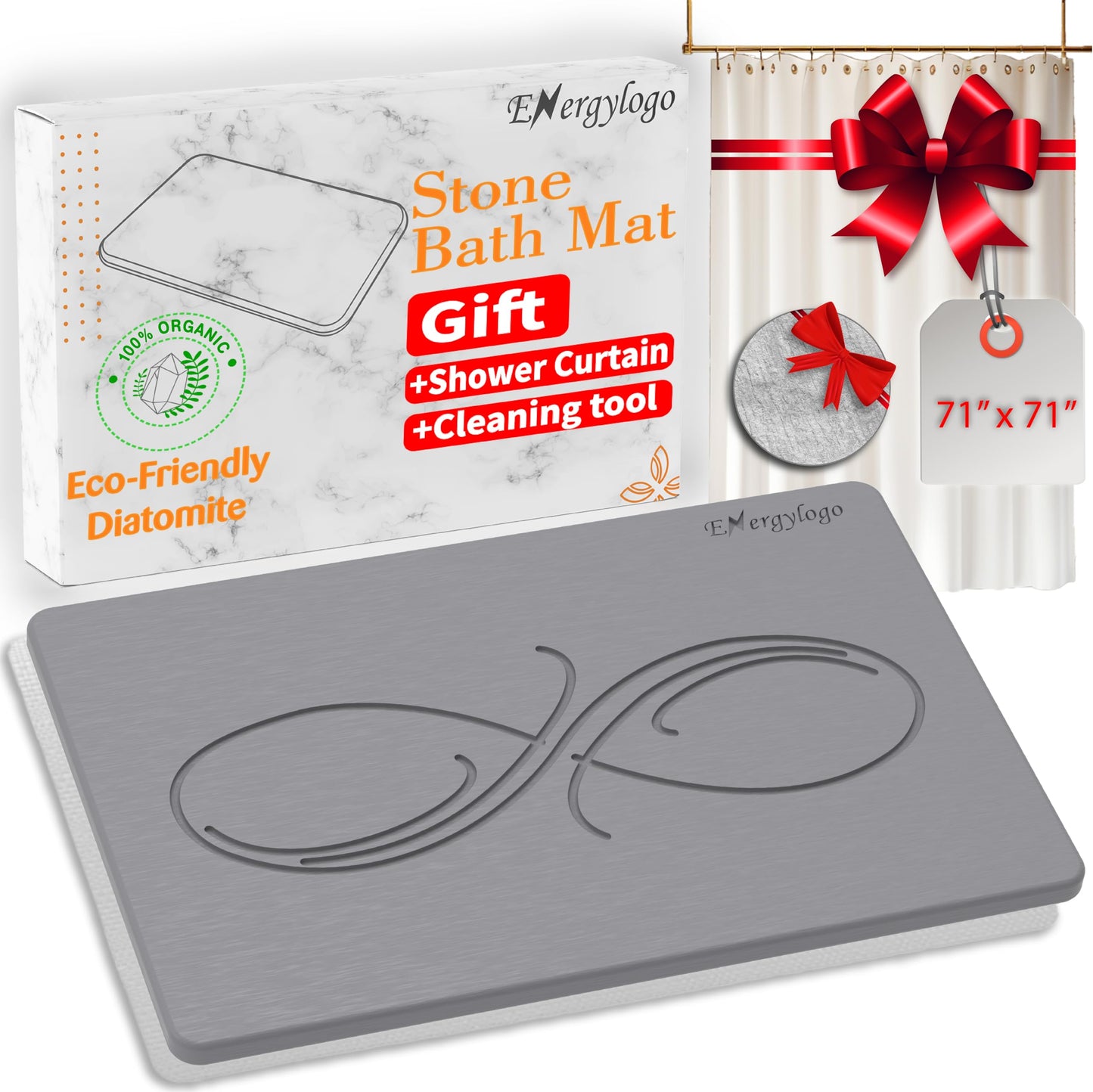 Grey Infinity ENERGYLOGO stone bath mat set with shower curtain and cleaning tool, eco-friendly diatomaceous earth.