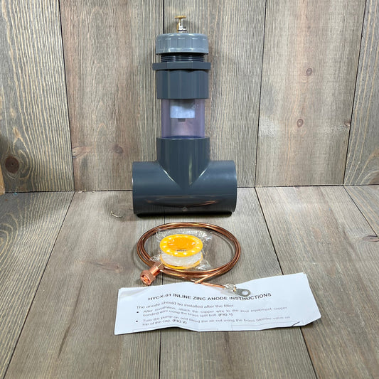 Inline zinc anode for saltwater pools with copper wire and instructions, designed for easy installation and corrosion protection.