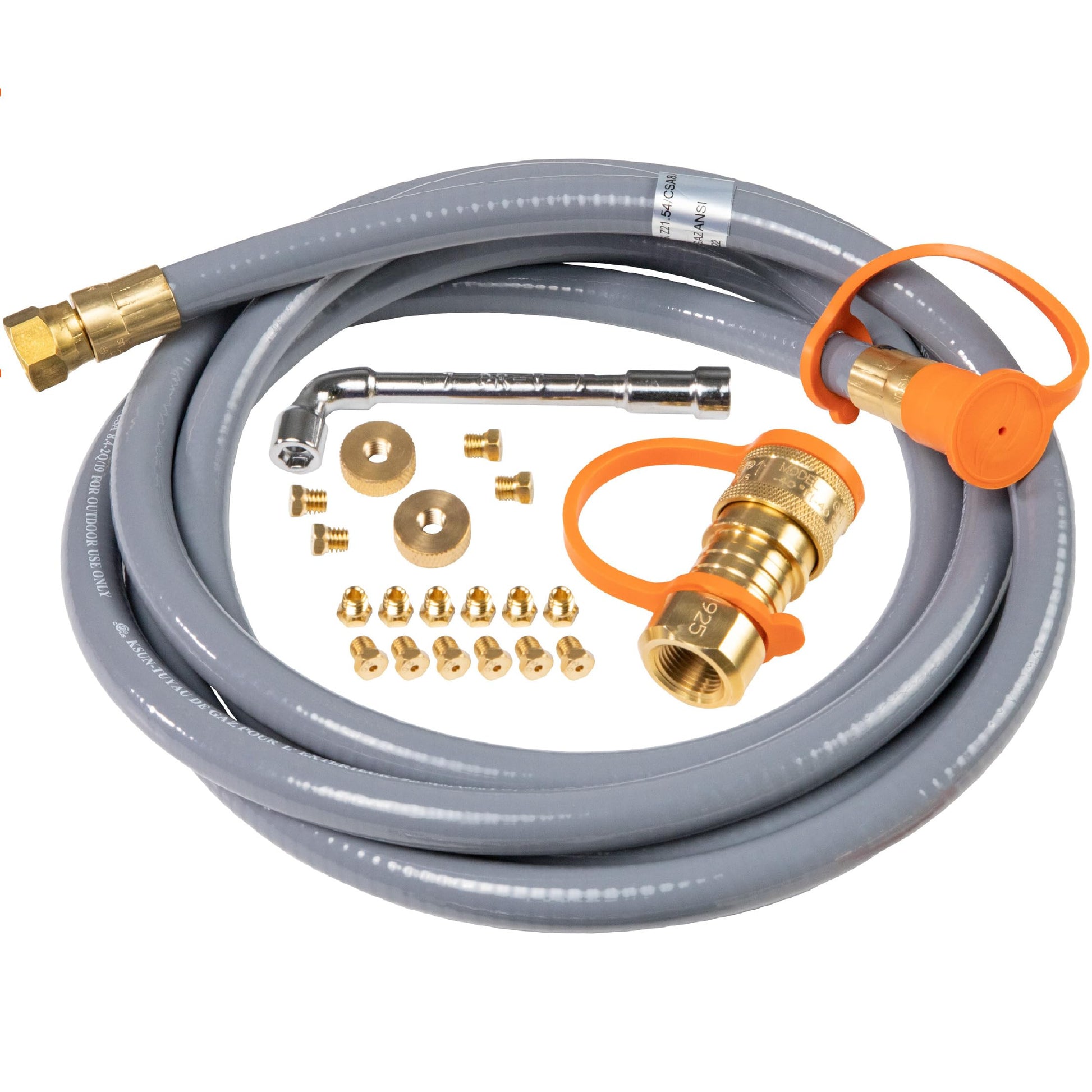 Gray Blackstone 5249 conversion kit for propane to natural gas, featuring hose, connectors, and fittings for easy installation.