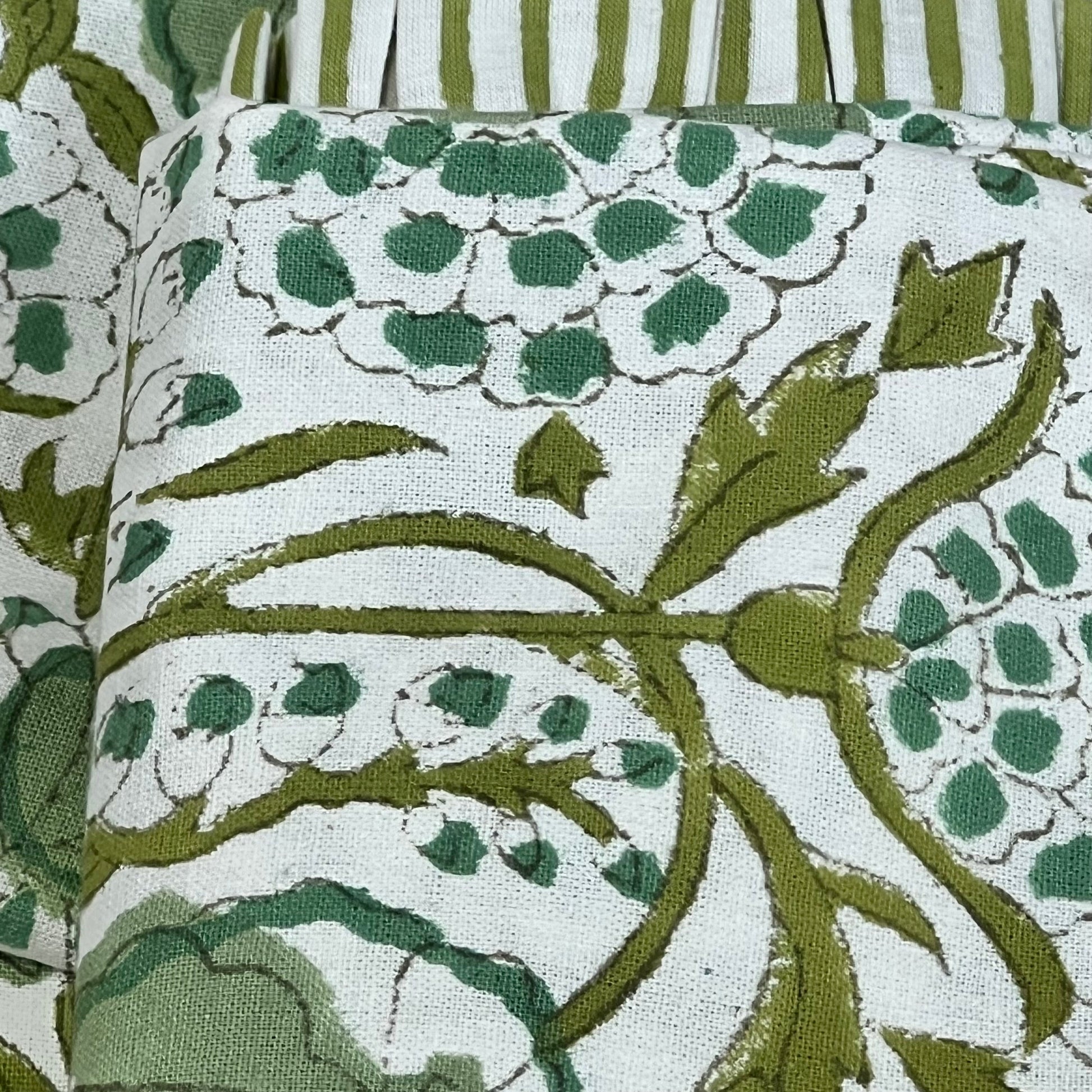 Green floral design on CPC Agate Green Ruffle Throw Pillow Cover, 24x24 inch, ideal for boho living room decor.