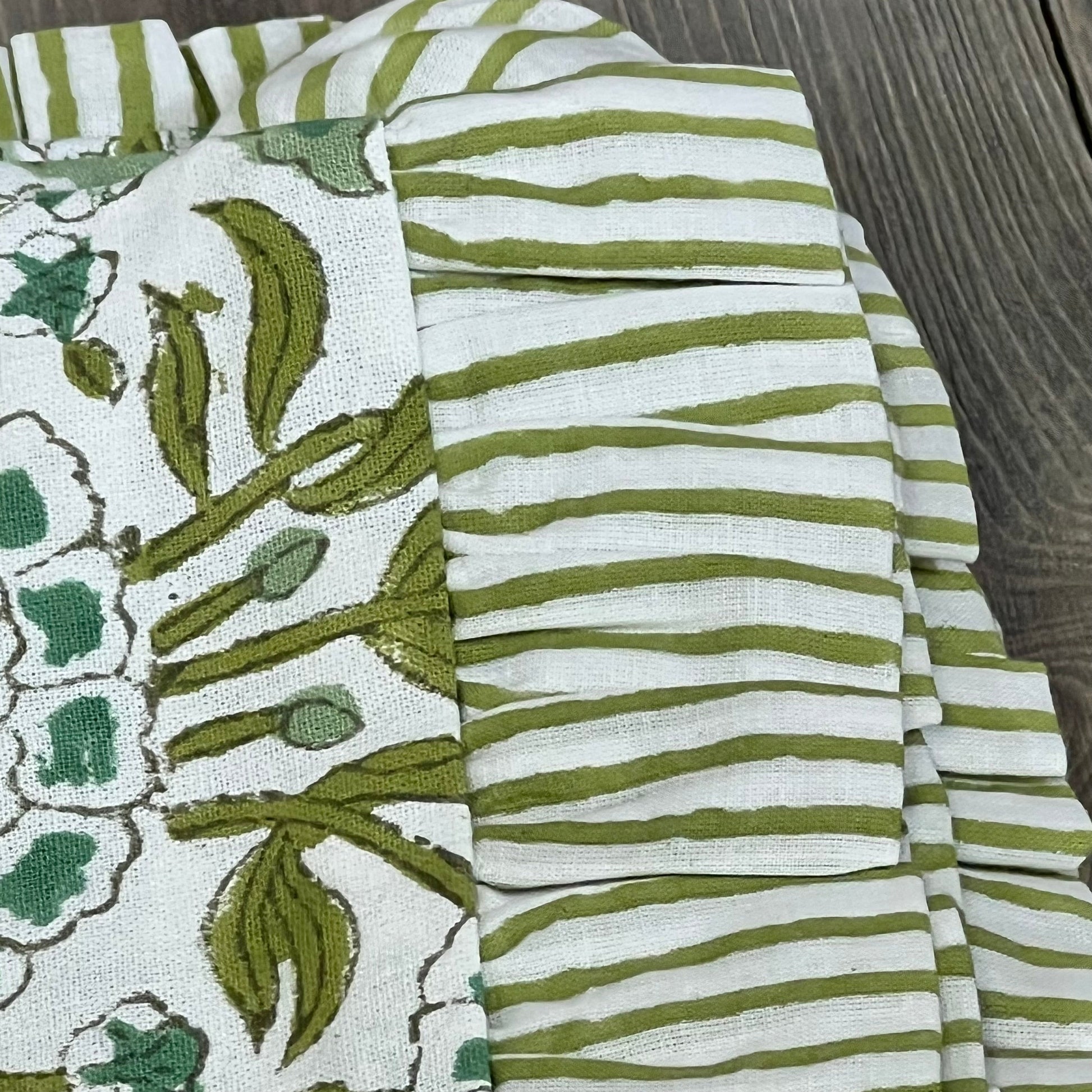 Agate green ruffle throw pillow cover with floral and stripe design, 24x24 inch cotton, ideal for couches and boho decor.