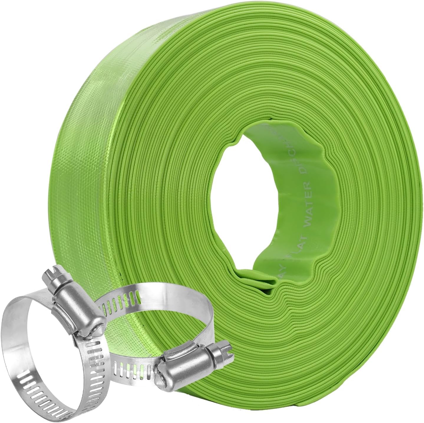 Green Eastrans 1-1/4'' x 100 FT pool backwash hose with clamps, designed for heavy-duty discharge and weather resistance.