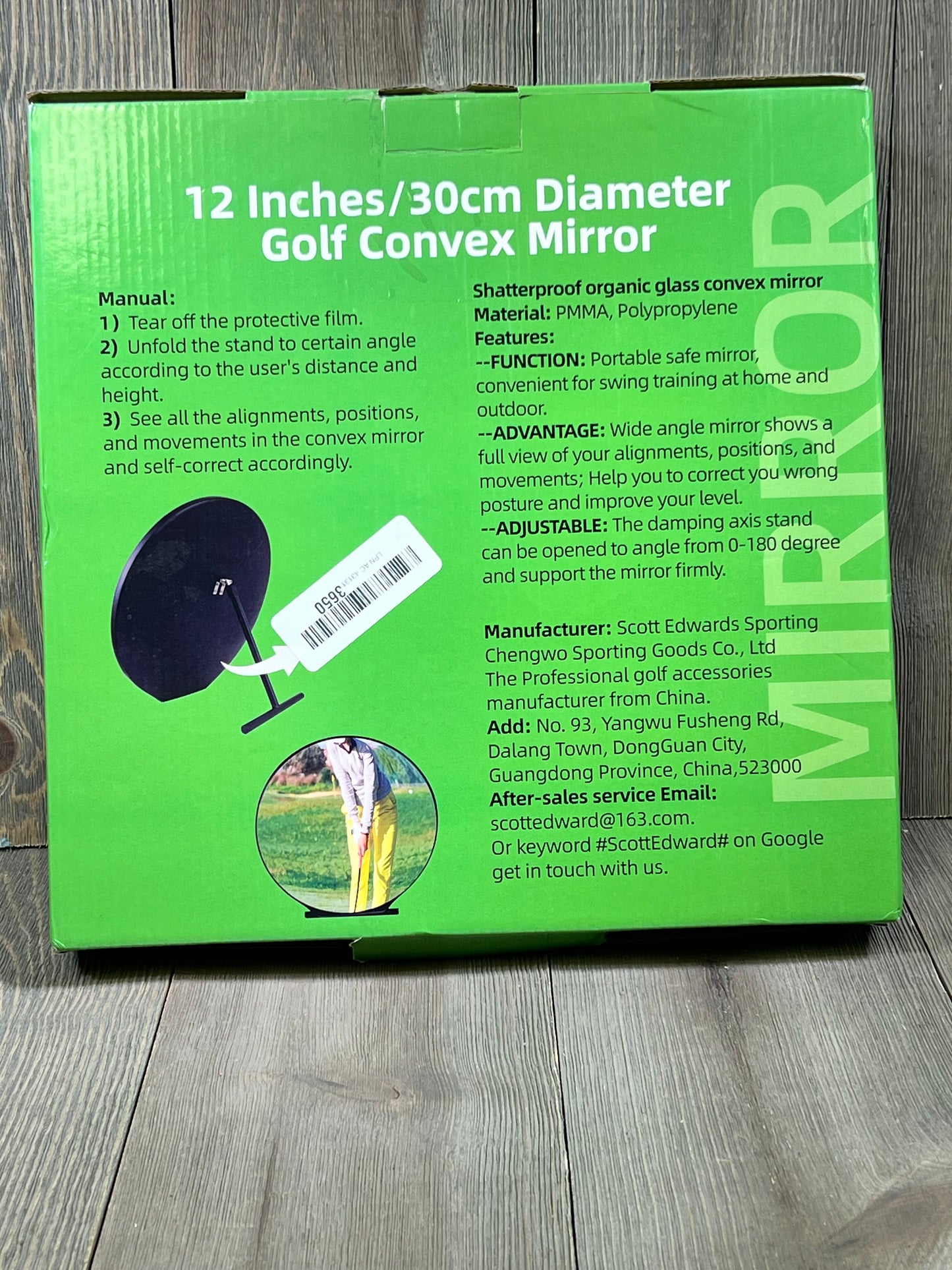 Green packaging of Scott Edward 12-inch golf convex mirror with product details and usage instructions.