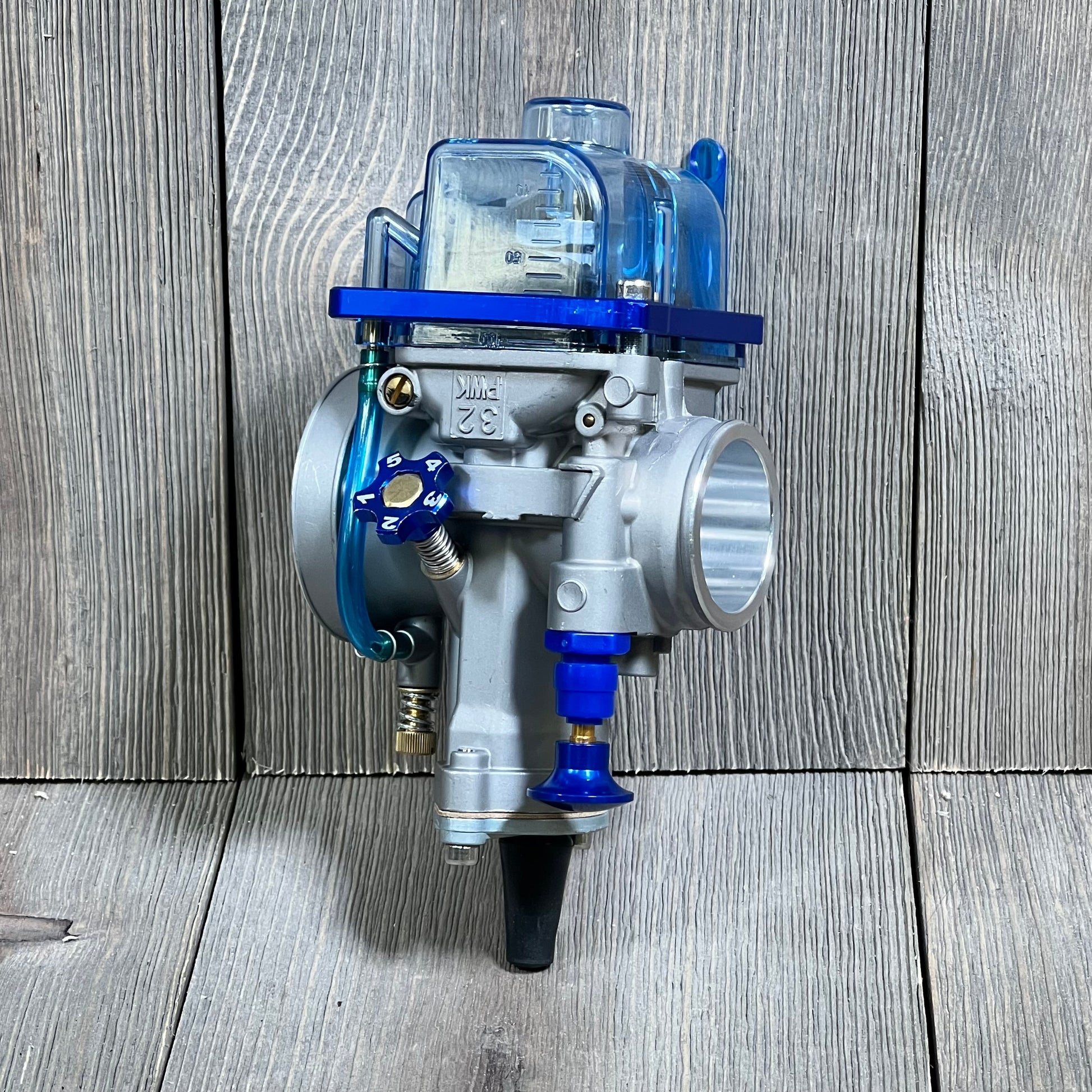Universal PWK 32MM motorcycle carburetor with blue float bowl and intake manifold for 2T 4T engines, scooters, and ATVs.
