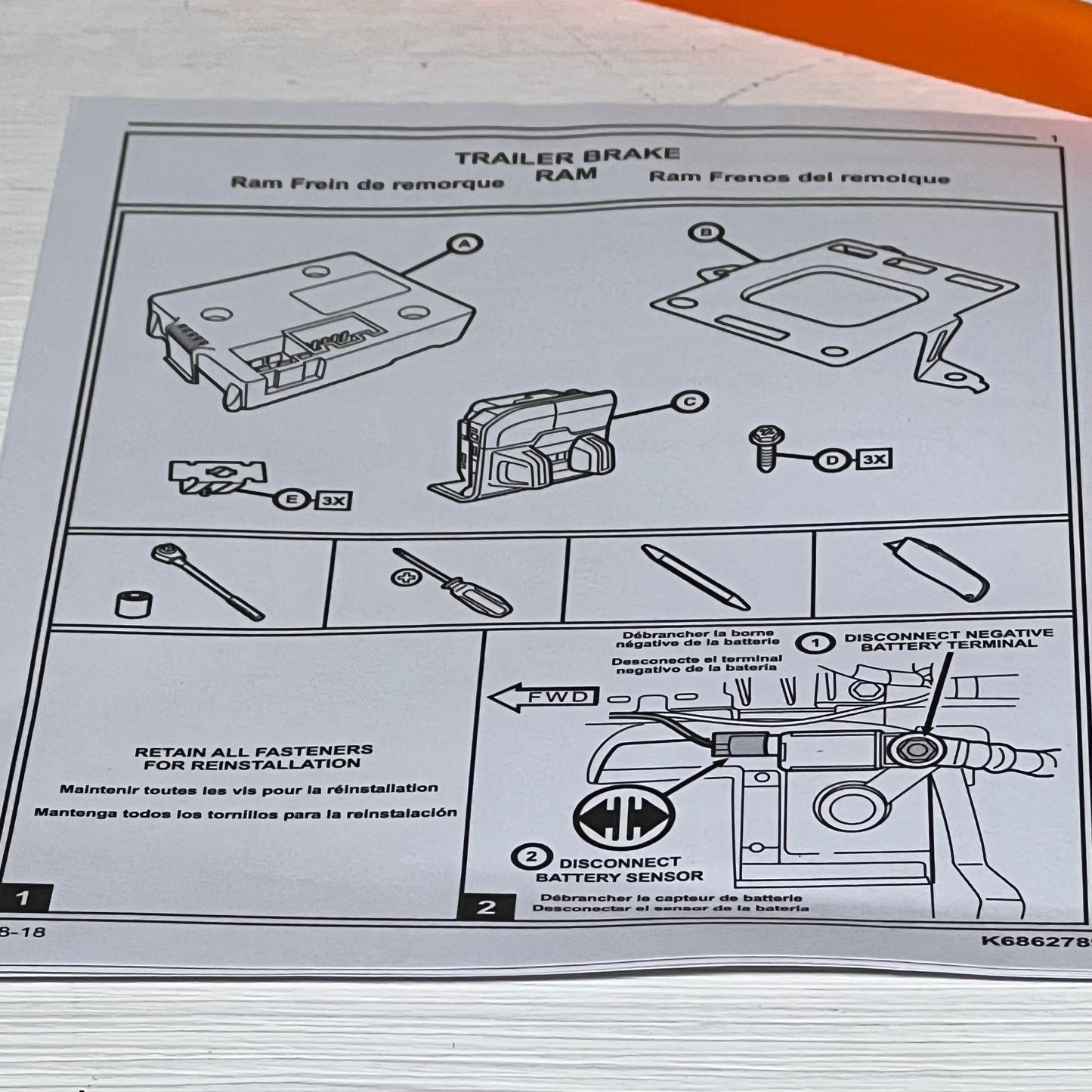 Installation instructions for the Ram trailer brake control module switch kit, detailing parts and tools needed.