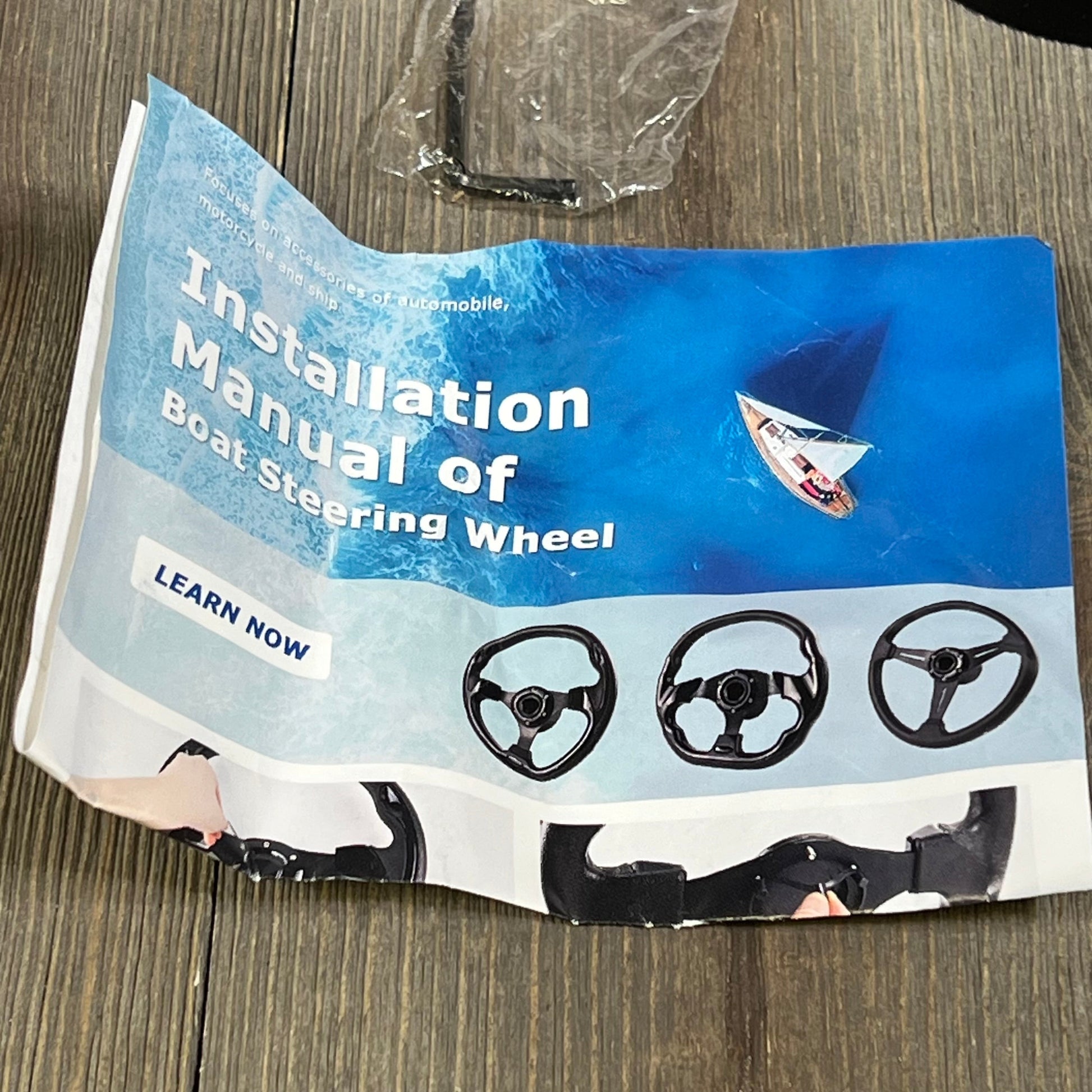 Boat steering wheel installation manual with images of the QYMOPAY 12.5 Inch Marine Steering Wheel and adapter.