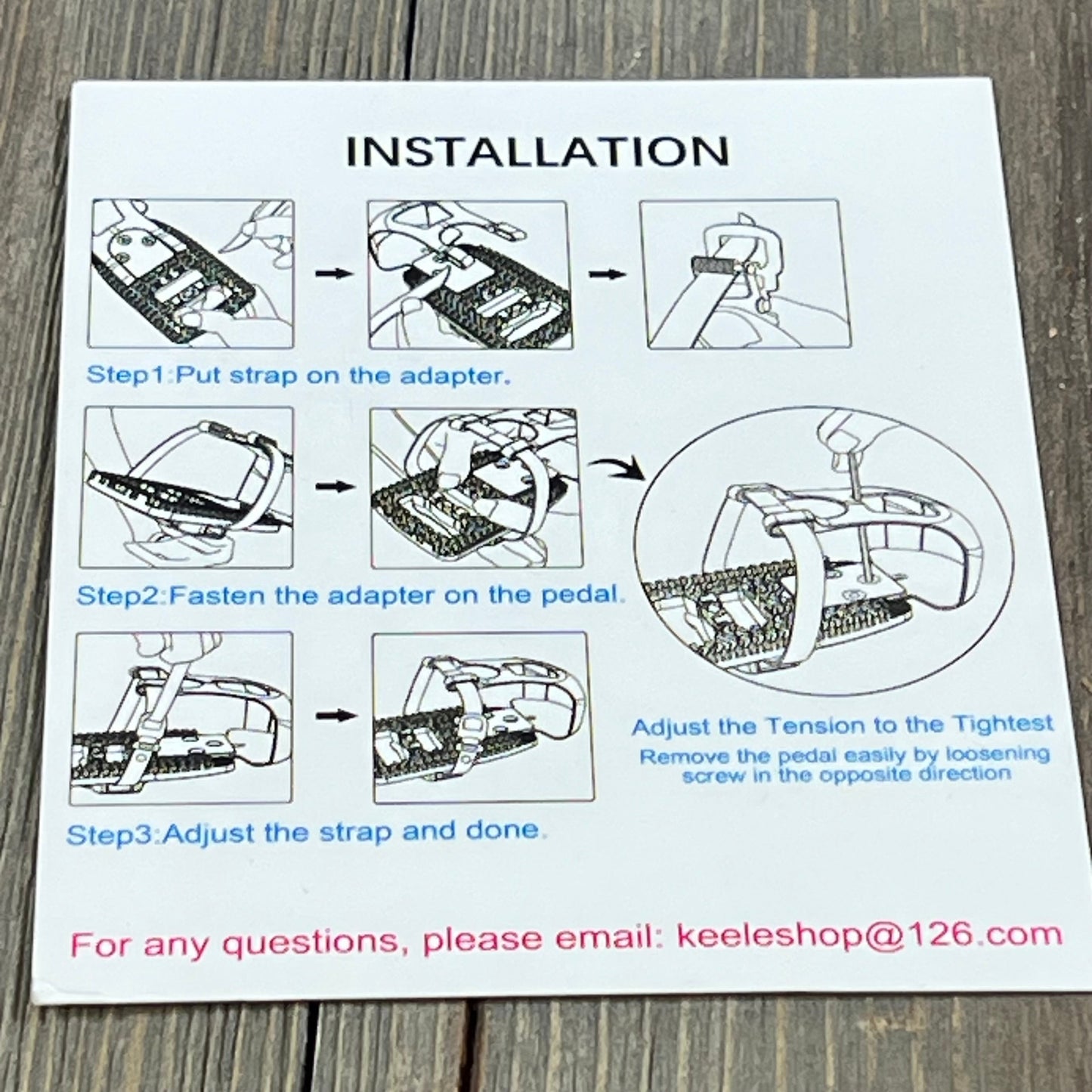 Installation guide for Kelecuia toe cage pedals, showing step-by-step instructions to attach pedal adapters for Peloton bikes.