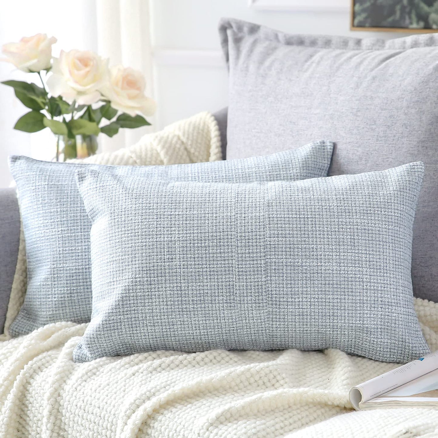 OTOSTAR Pack of 2 Linen Throw Pillow Covers 16x24 Inch Blue Grey