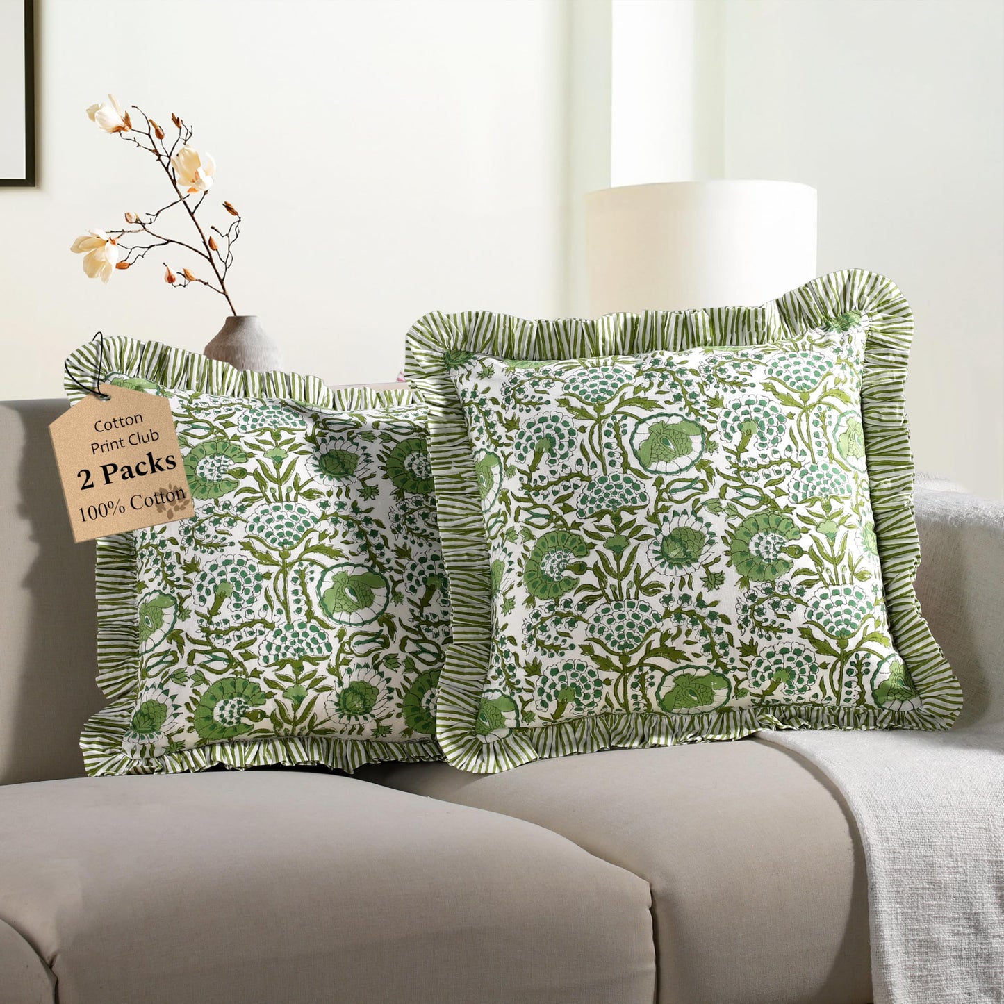CPC Agate Green Ruffle Throw Pillow Covers, 24x24 Inch Cotton