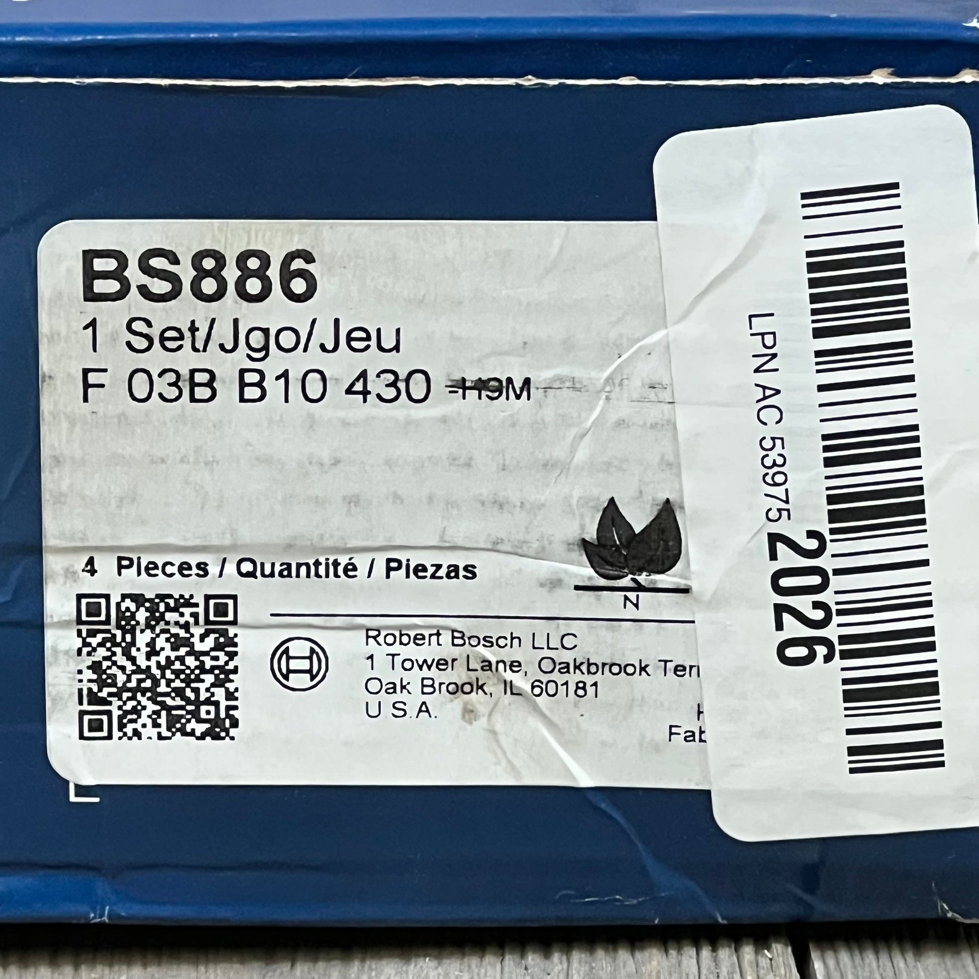 Bosch BS886 blue parking brake shoe set packaging label, compatible with Chrysler, Dodge, Jeep, Mitsubishi models.
