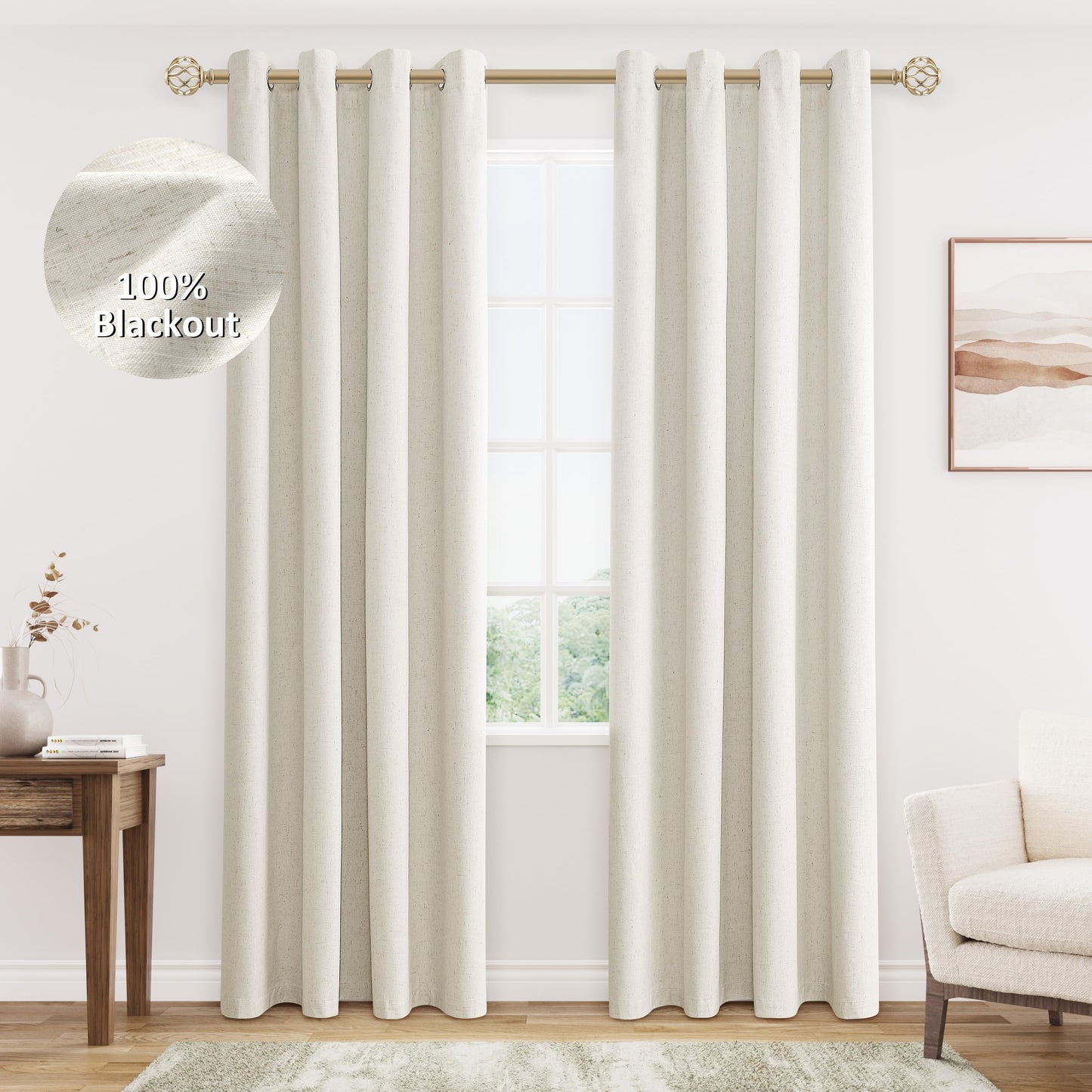 Cream linen blackout curtains with grommets, 84 inches long, shown in a bright living room setting.
