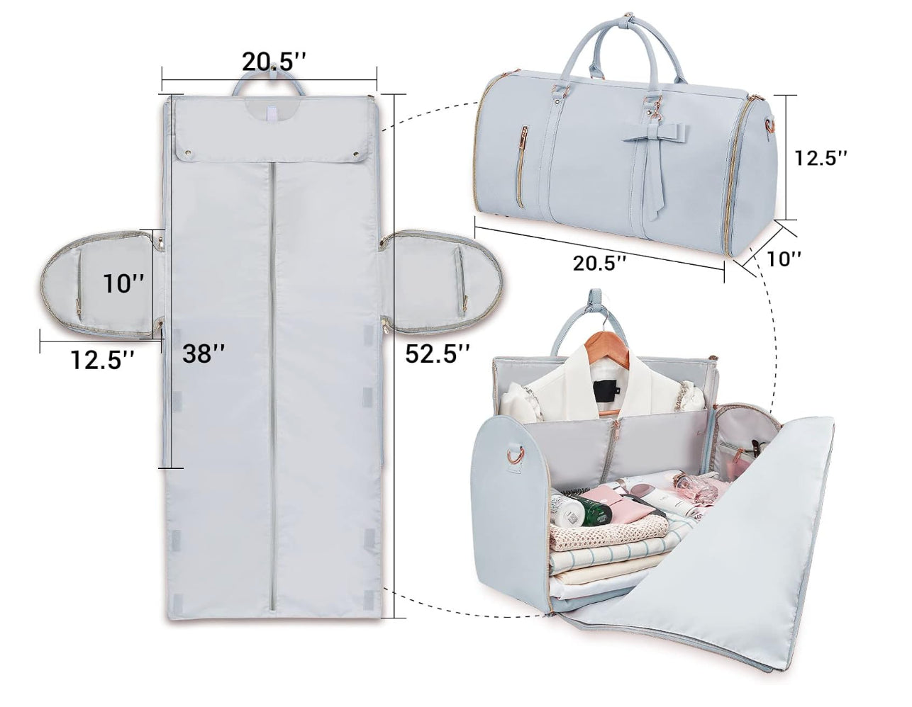 Foldable blue garment bag with dimensions, featuring a toiletry pocket, shoulder strap, and shoe compartment for travel.