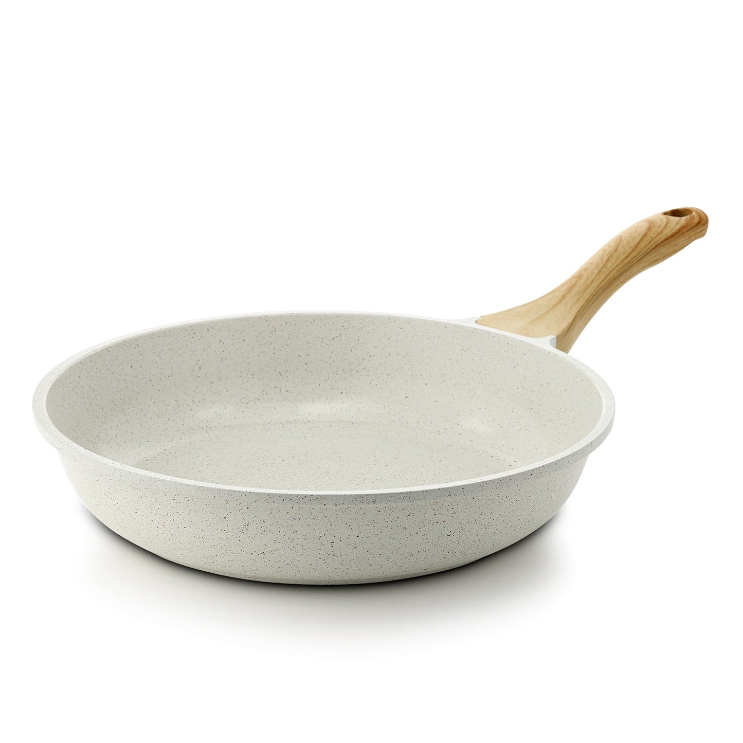Nonstick ceramic frying pan with wood handle, 12.5-inch, white. Ideal for healthy cooking, induction compatible, PFAS-free.