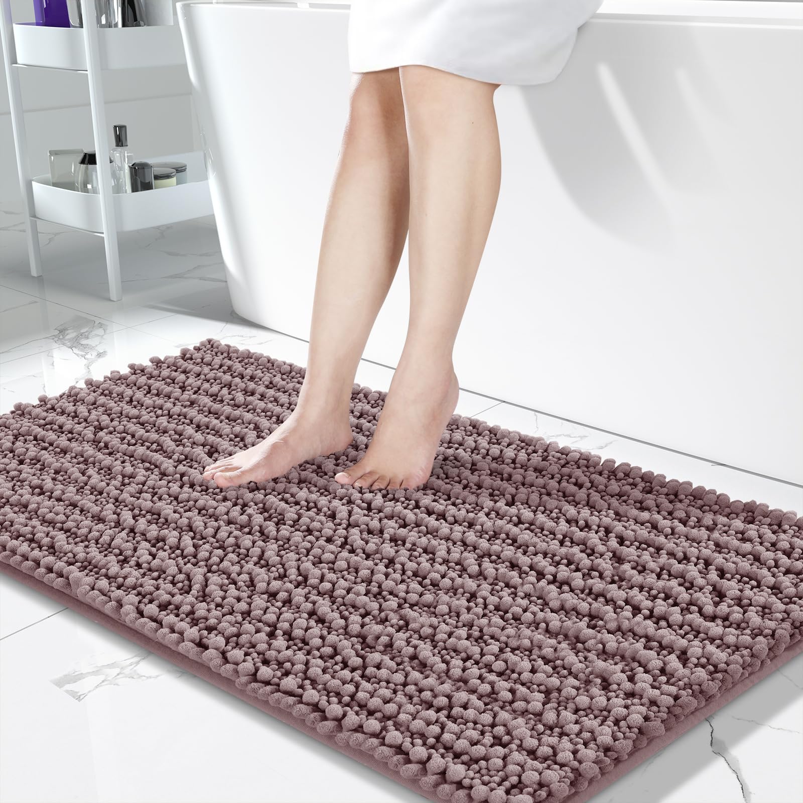 Mauve Yimobra bathroom rug mat, 44x24 inches, non-slip and absorbent, enhancing modern bathroom decor.