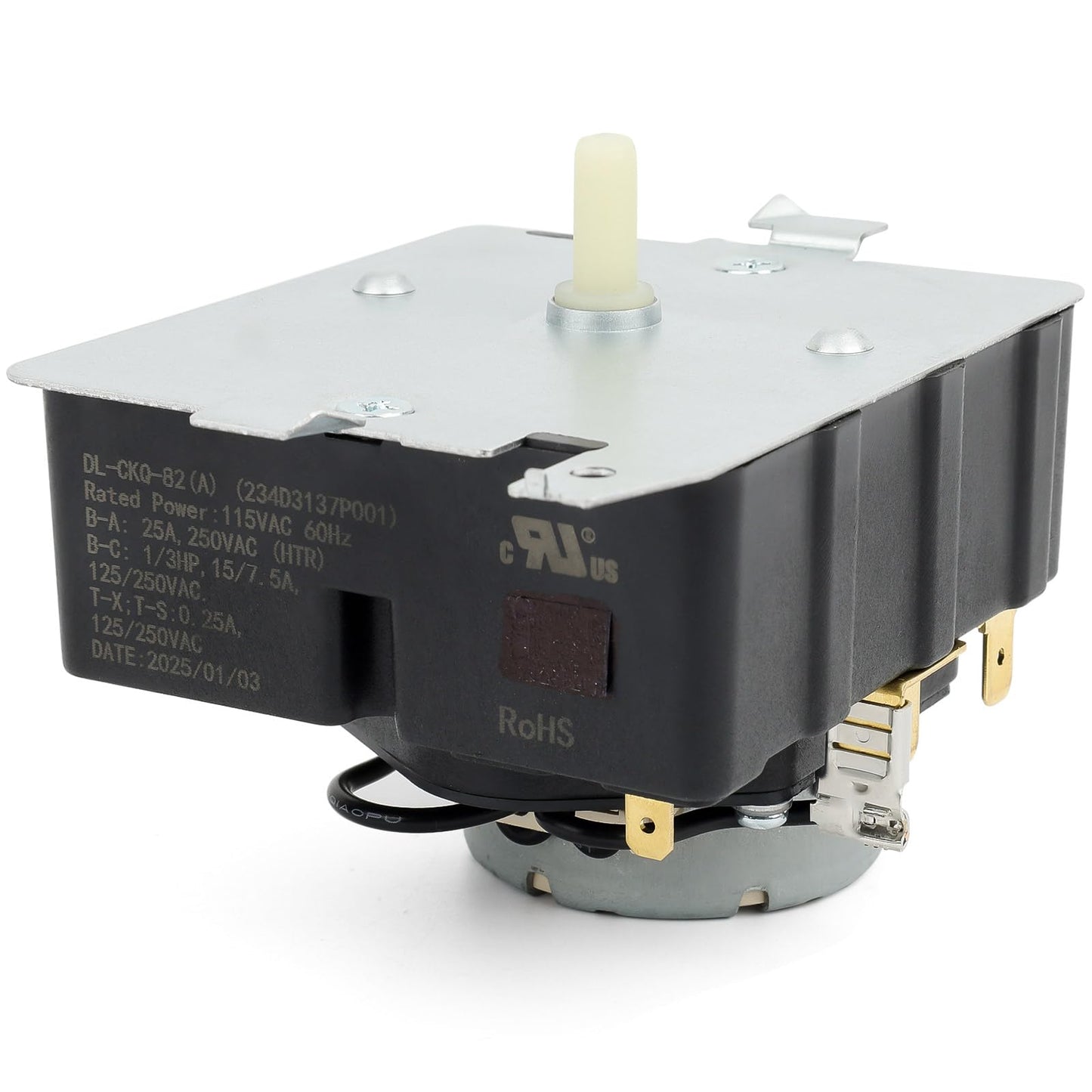 OEM Dryer Timer Replacement 1045787280-TMD1EM35, compatible with GE models, showcasing durable metal and plastic design.