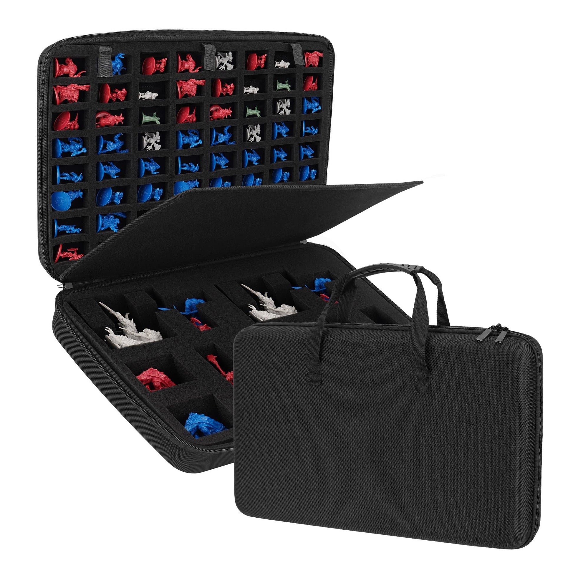 Miniature storage case with 64 slots and customizable foam, ideal for 40k and D&D figures.