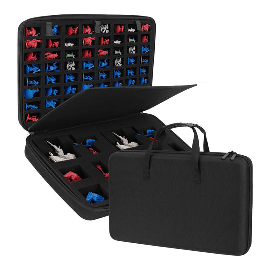 Miniature storage case with 64 slots and customizable foam, ideal for 40k and D&D figures.